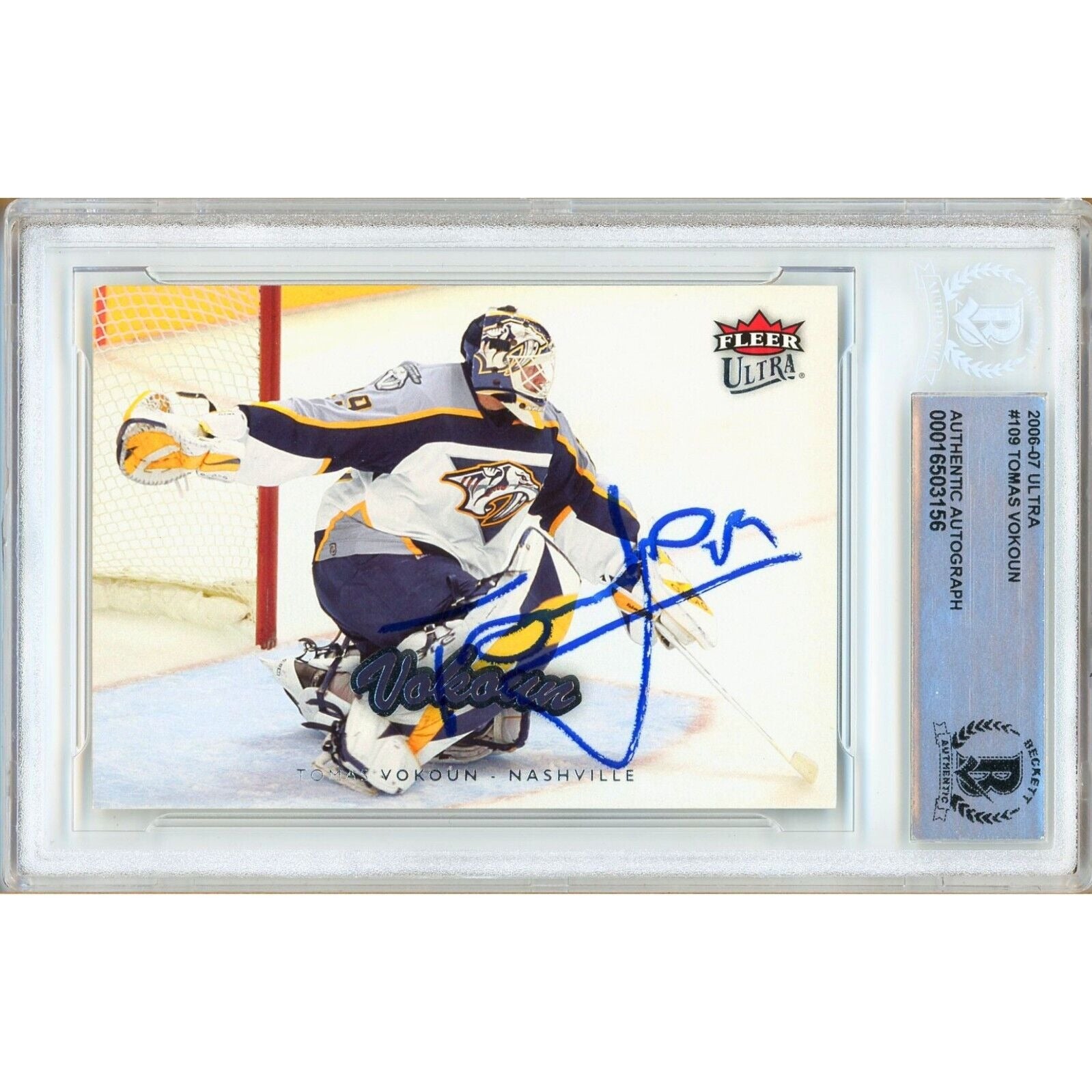 Tomas Vokoun Nashville Predators autographed trading card – full view – Beckett COA