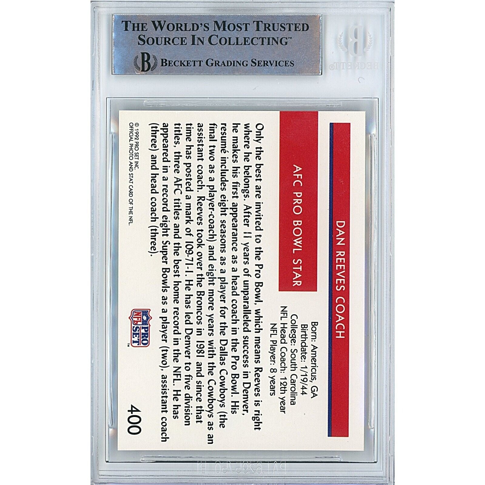 Dan Reeves Pro Set Autograph Trading Card Beckett BAS
