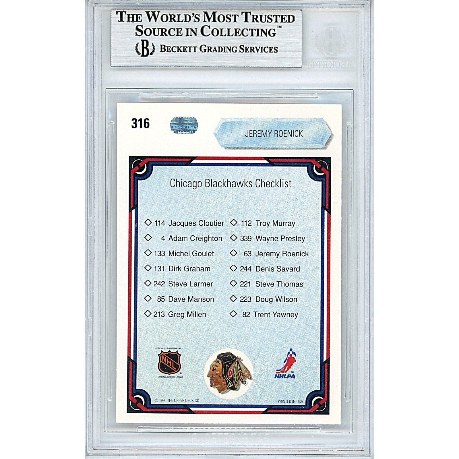 1990-91 Upper Deck Jeremy Roenick Chicago Blackhawks Signed Trading Card – Beckett BAS