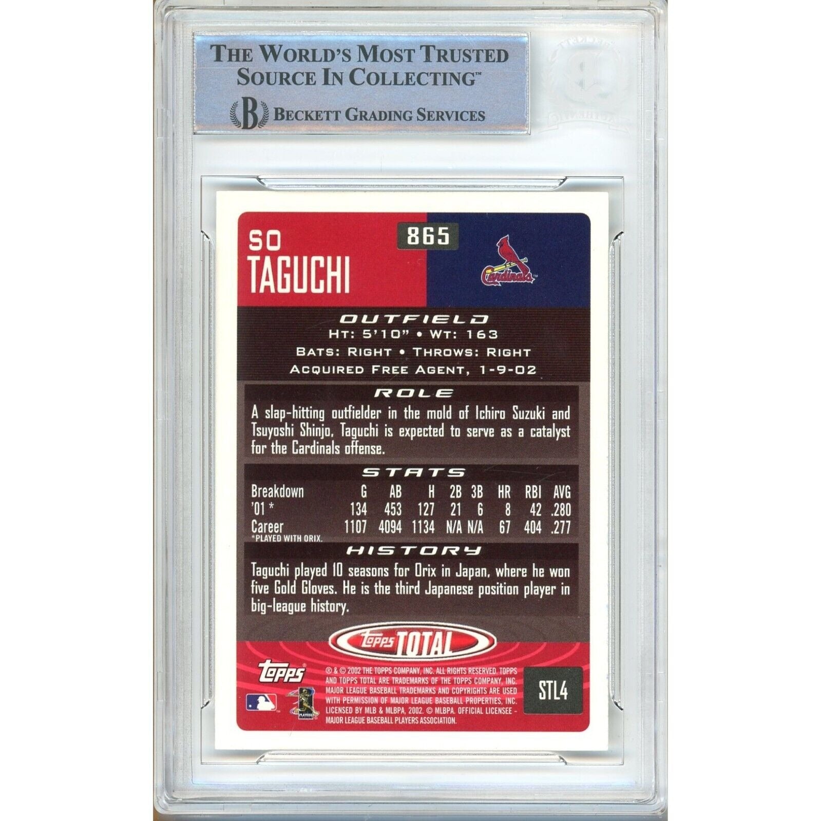 So Taguchi St Louis Cardinals signed trading card – signature close-up – Beckett COA