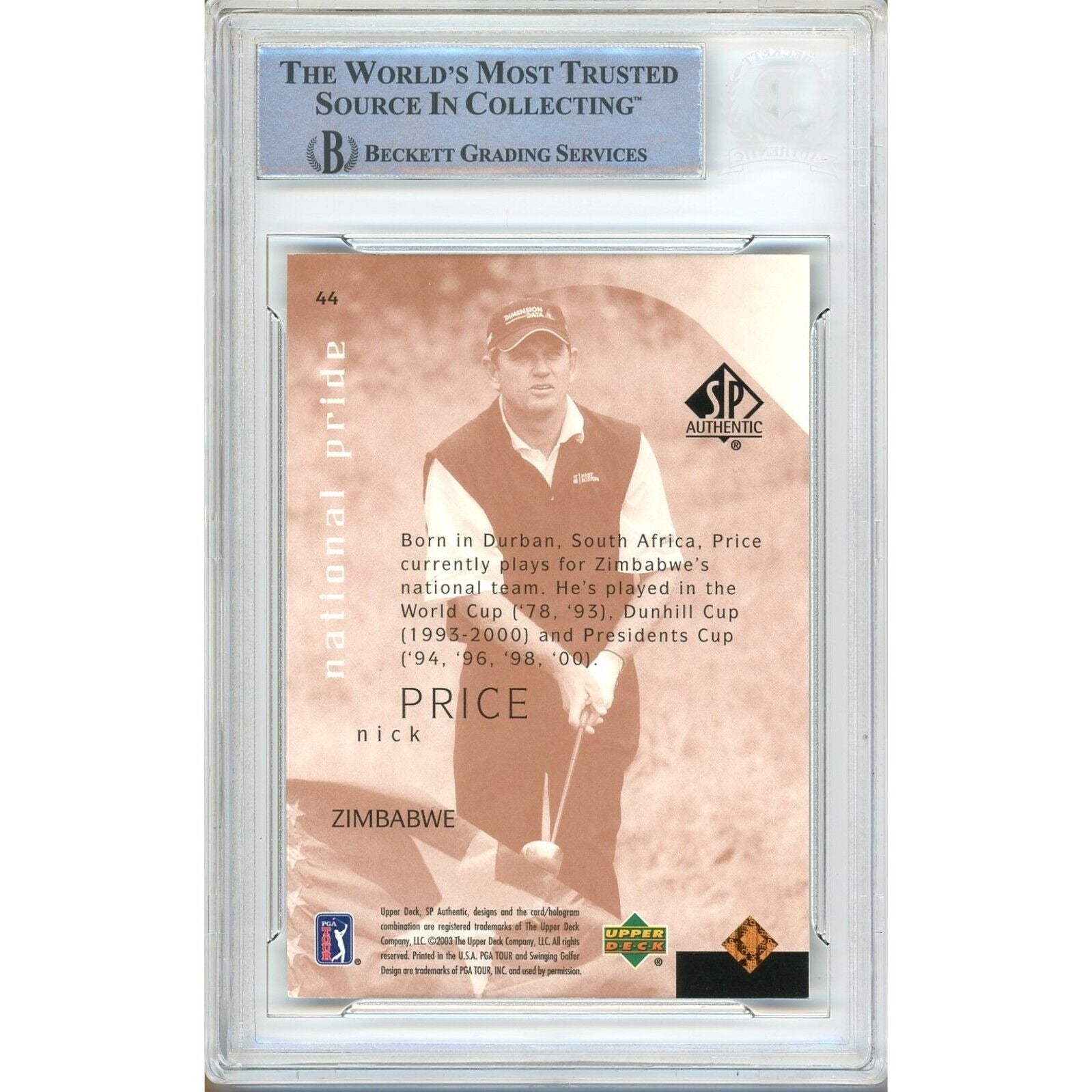 Nick Price signed trading card – signature close-up – Beckett COA