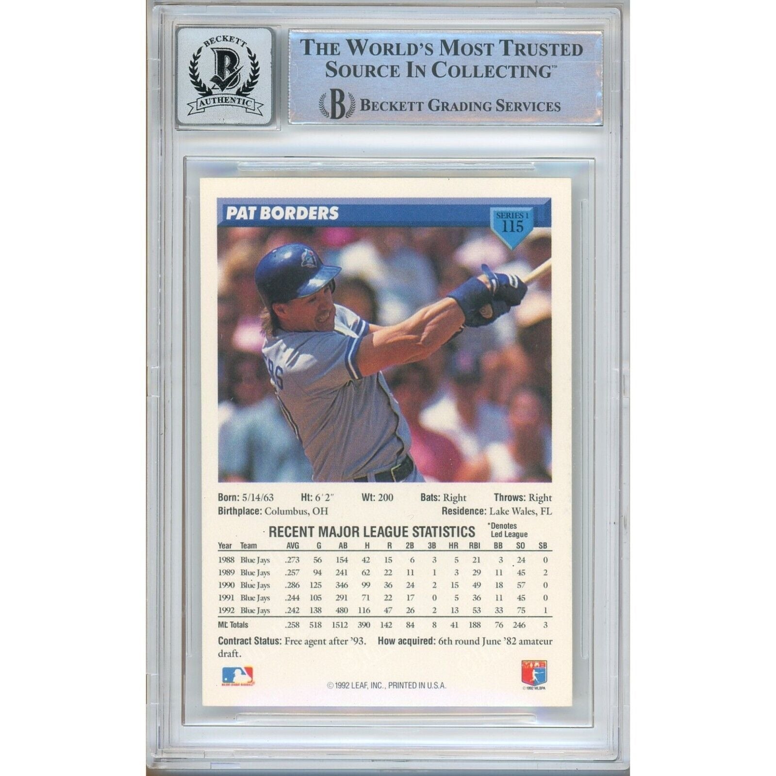 Pat Borders Toronto Blue Jays signed trading card – signature close-up – Beckett COA