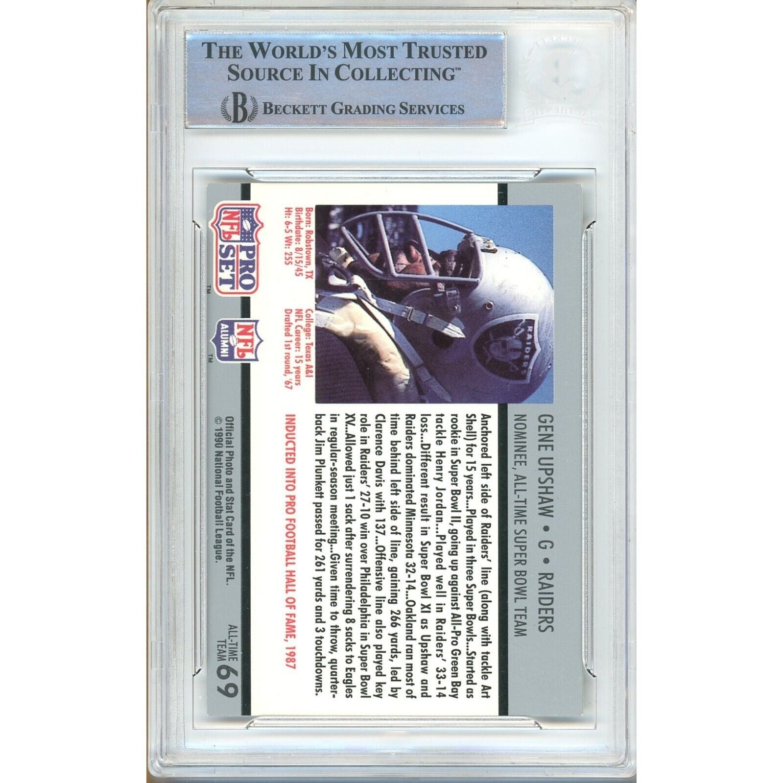Gene Upshaw Raiders auto trading card – authentication sticker – Beckett COA