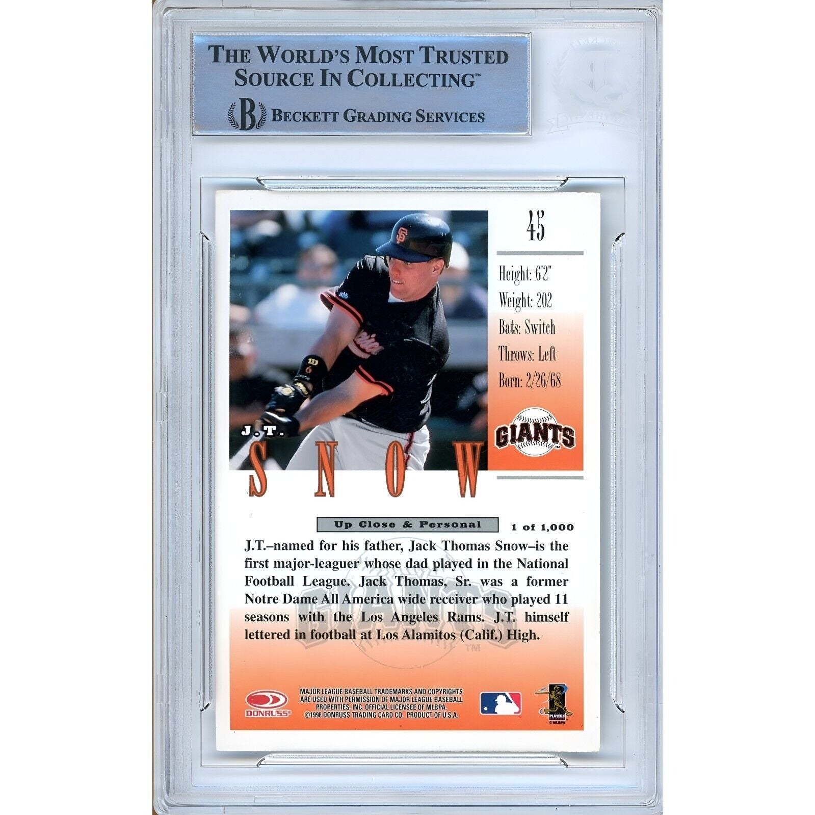 J.T. Snow San Francisco Giants signed trading card – signature close-up – Beckett COA