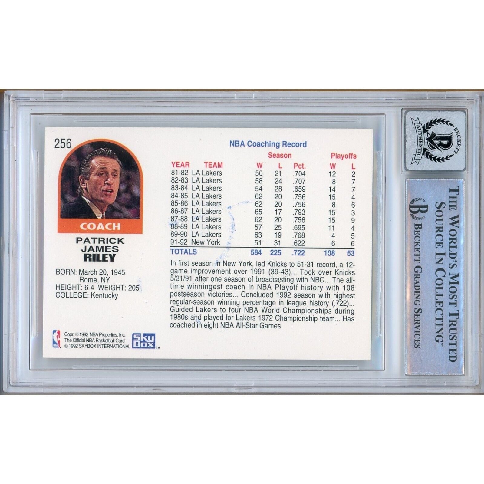 Pat Riley New York Knicks signed trading card – signature close-up – Beckett COA