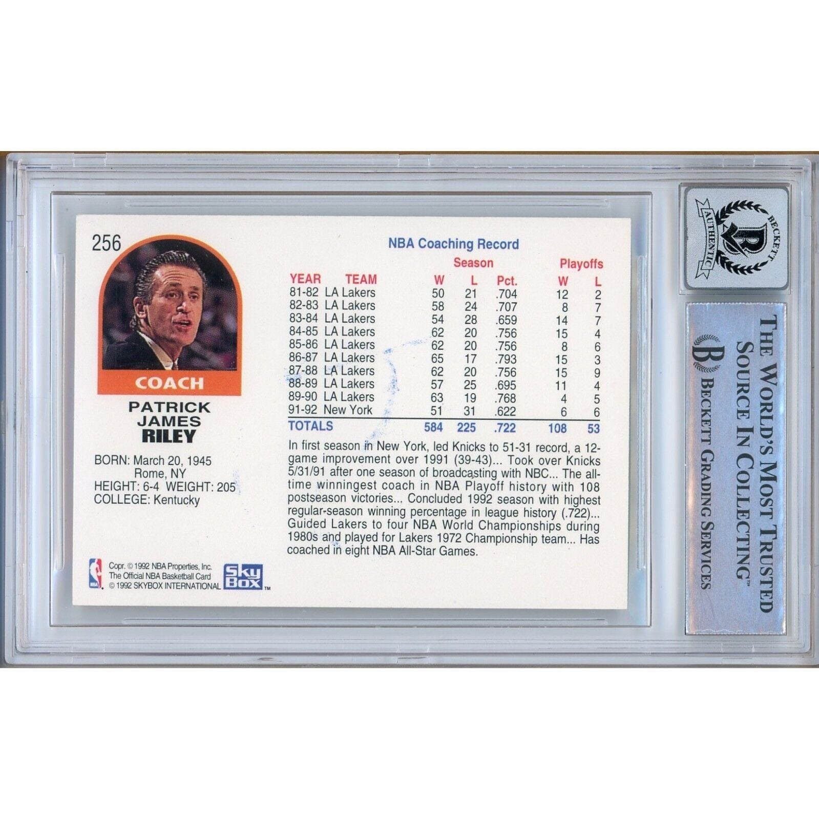 Pat Riley New York Knicks Signed Trading Card Beckett BGS