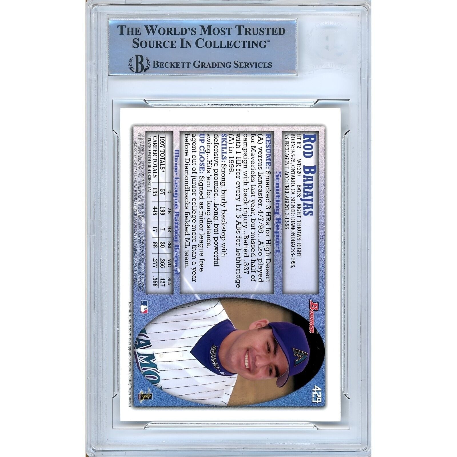 Rod Barajas Az Diamondbacks auto trading card – authentication sticker – Beckett COA