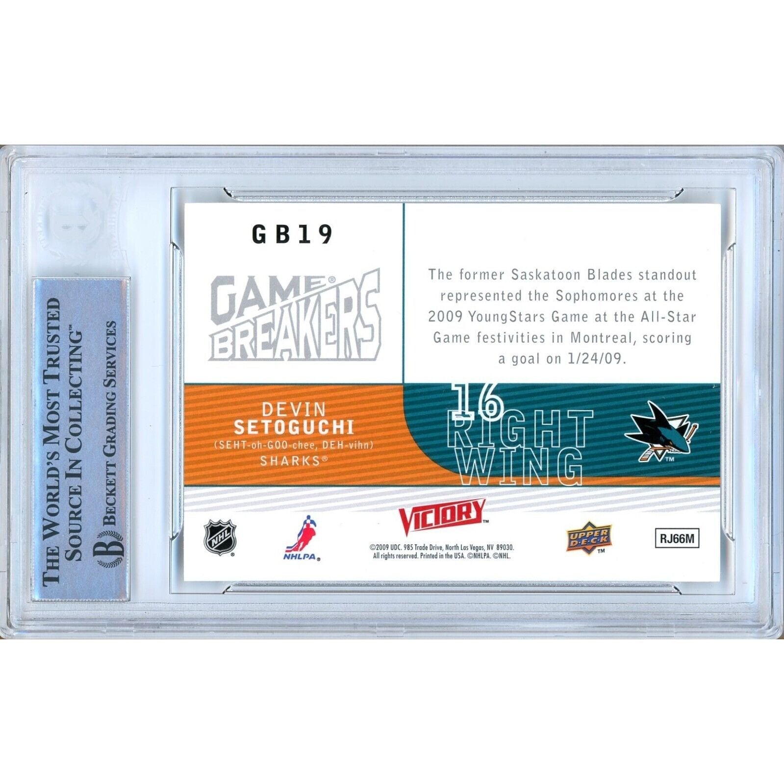 Devin Setoguchi San Jose Sharks auto trading card – authentication sticker – Beckett COA