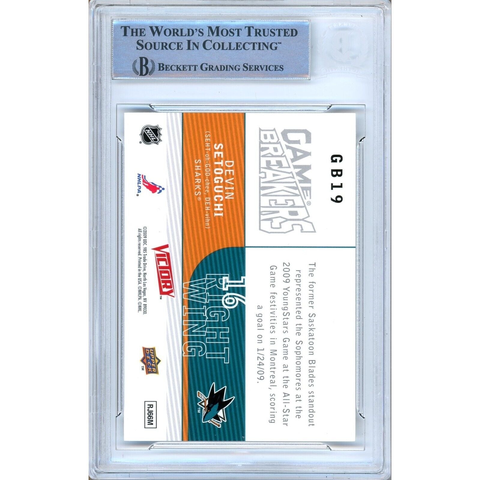 Devin Setoguchi San Jose Sharks trading card autograph – angled display – Beckett COA