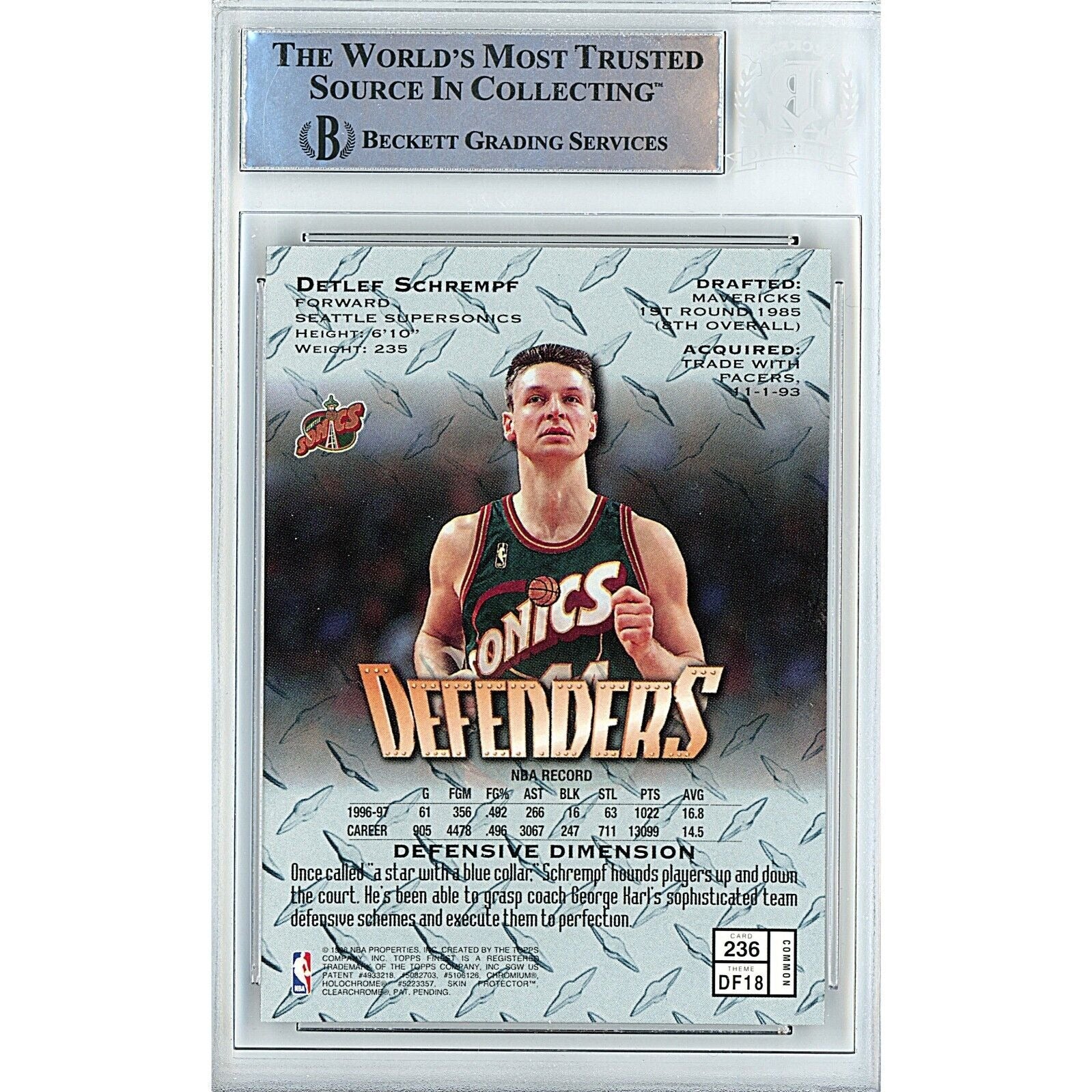 Detlef Schrempf Seattle Sonics signed trading card – signature close-up – Beckett COA