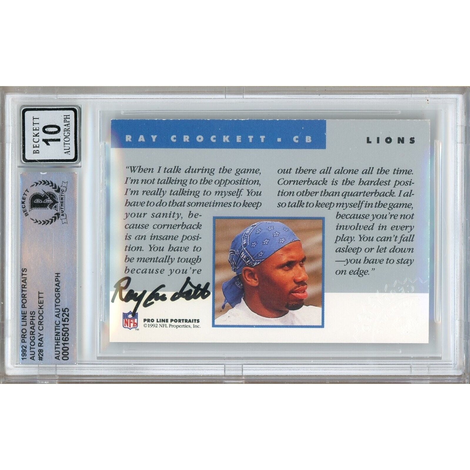 Ray Crockett Detroit Lions signed trading card – signature close-up – Beckett COA