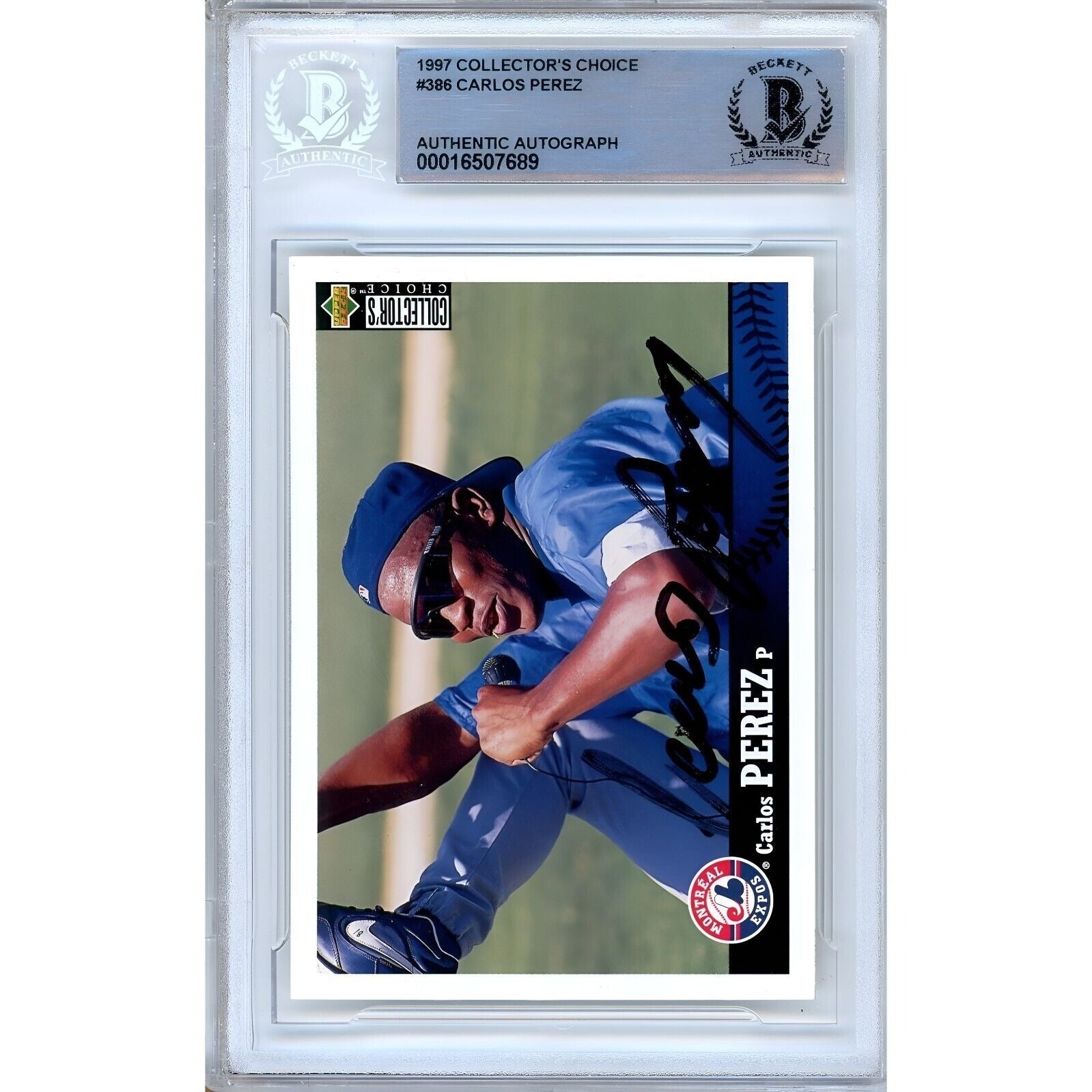 1997 Upper Deck #386 Carlos Perez Montreal Expos Signed Trading Card – Beckett BAS