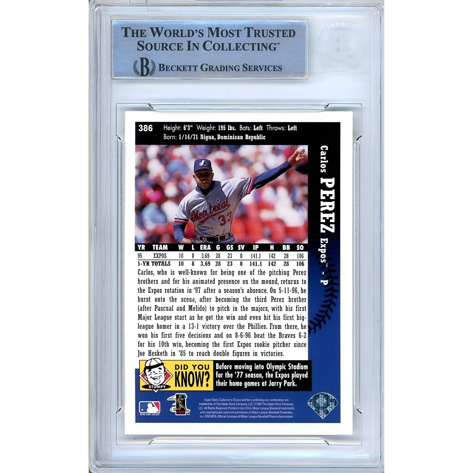 1997 Upper Deck #386 Carlos Perez Montreal Expos Autograph Trading Card – Beckett BAS