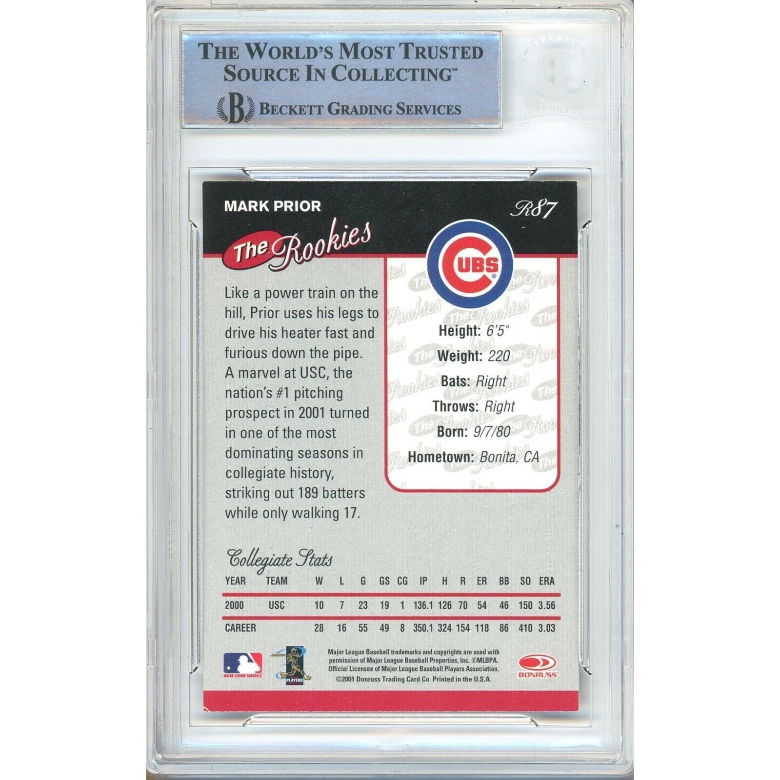 Mark Prior Chicago Cubs signed trading card – signature close-up – Beckett COA