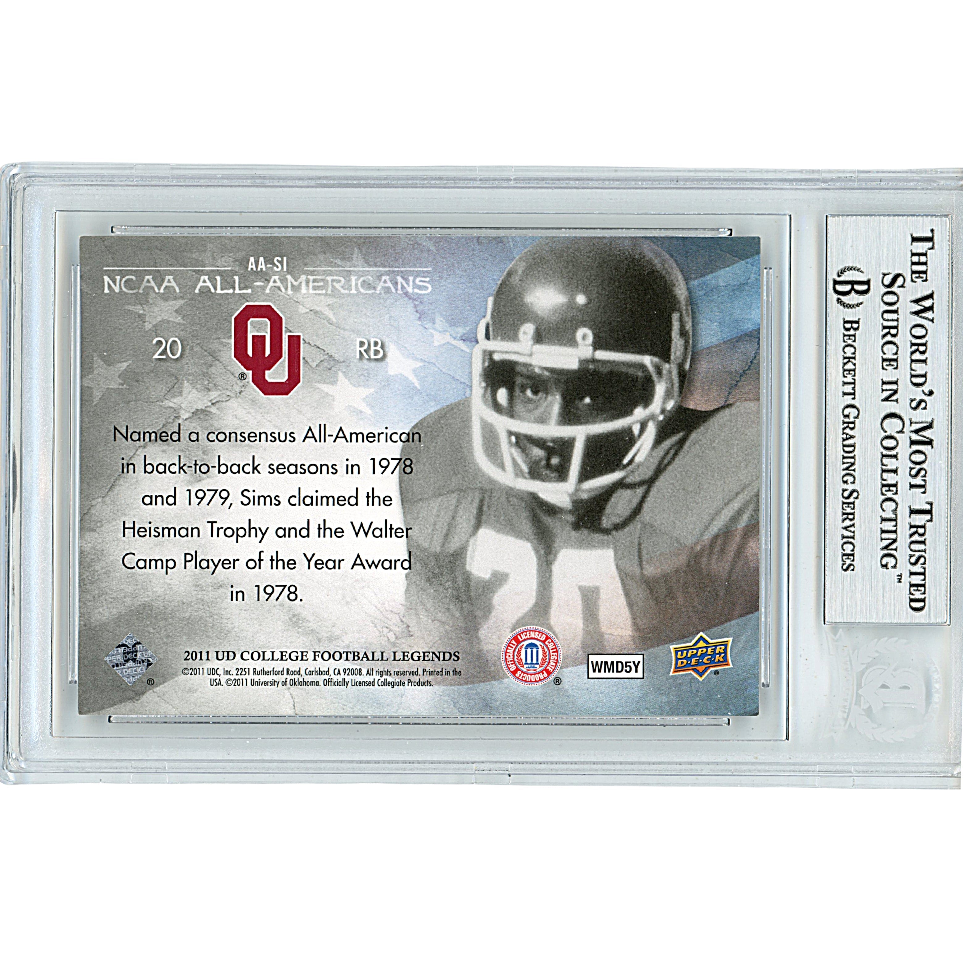 Billy Sims Upper Deck College Legends Signed Trading Card Beckett BGS