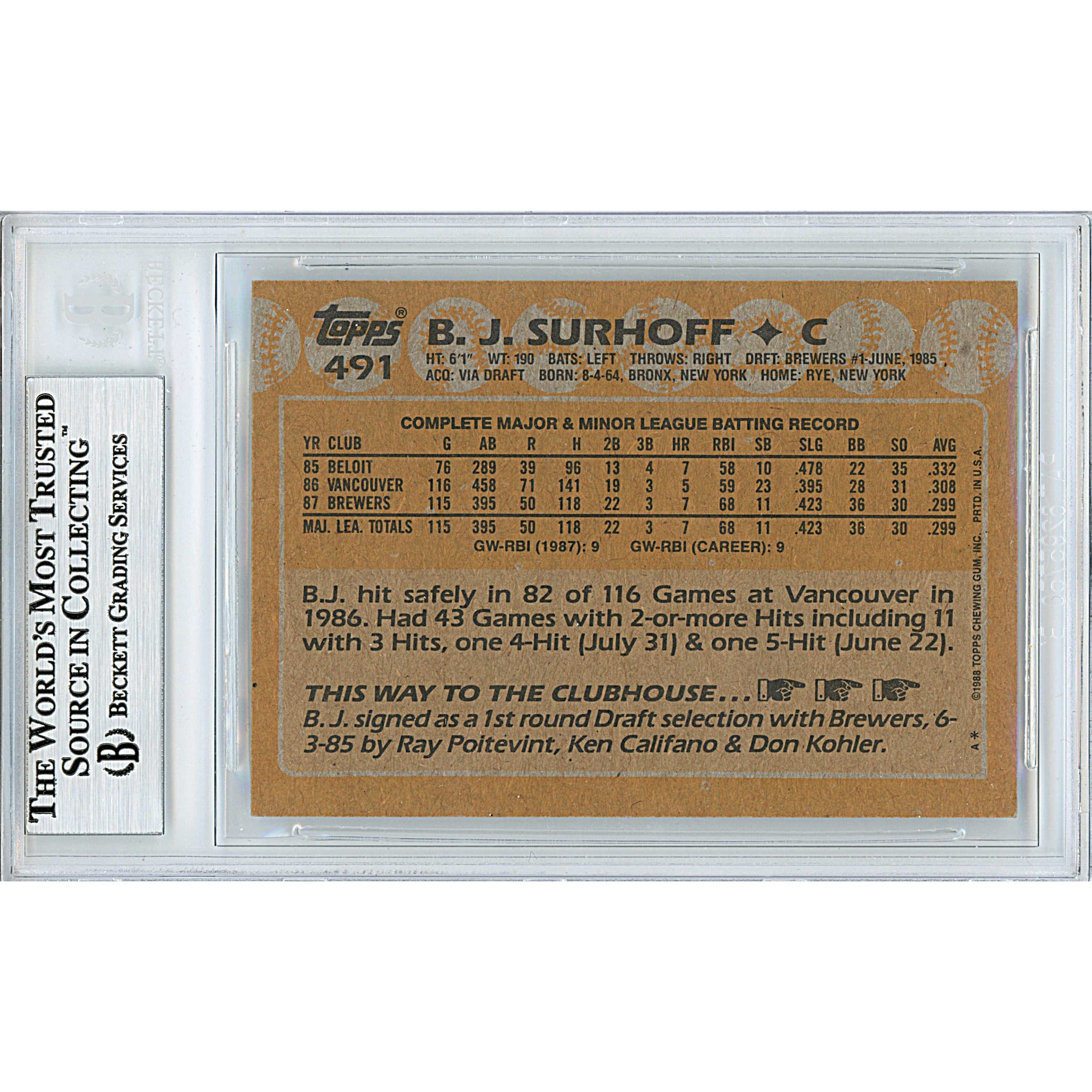 Bj Surhoff Milwaukee Brewers Autographed Trading Signed Card Beckett BGS