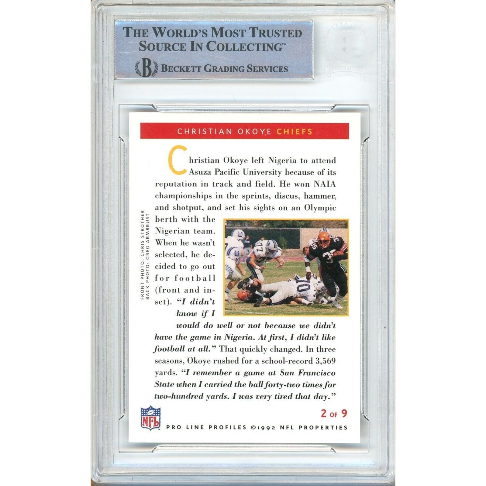 Christian Okoye Pro Line Profiles Signed Trading Card Beckett BAS