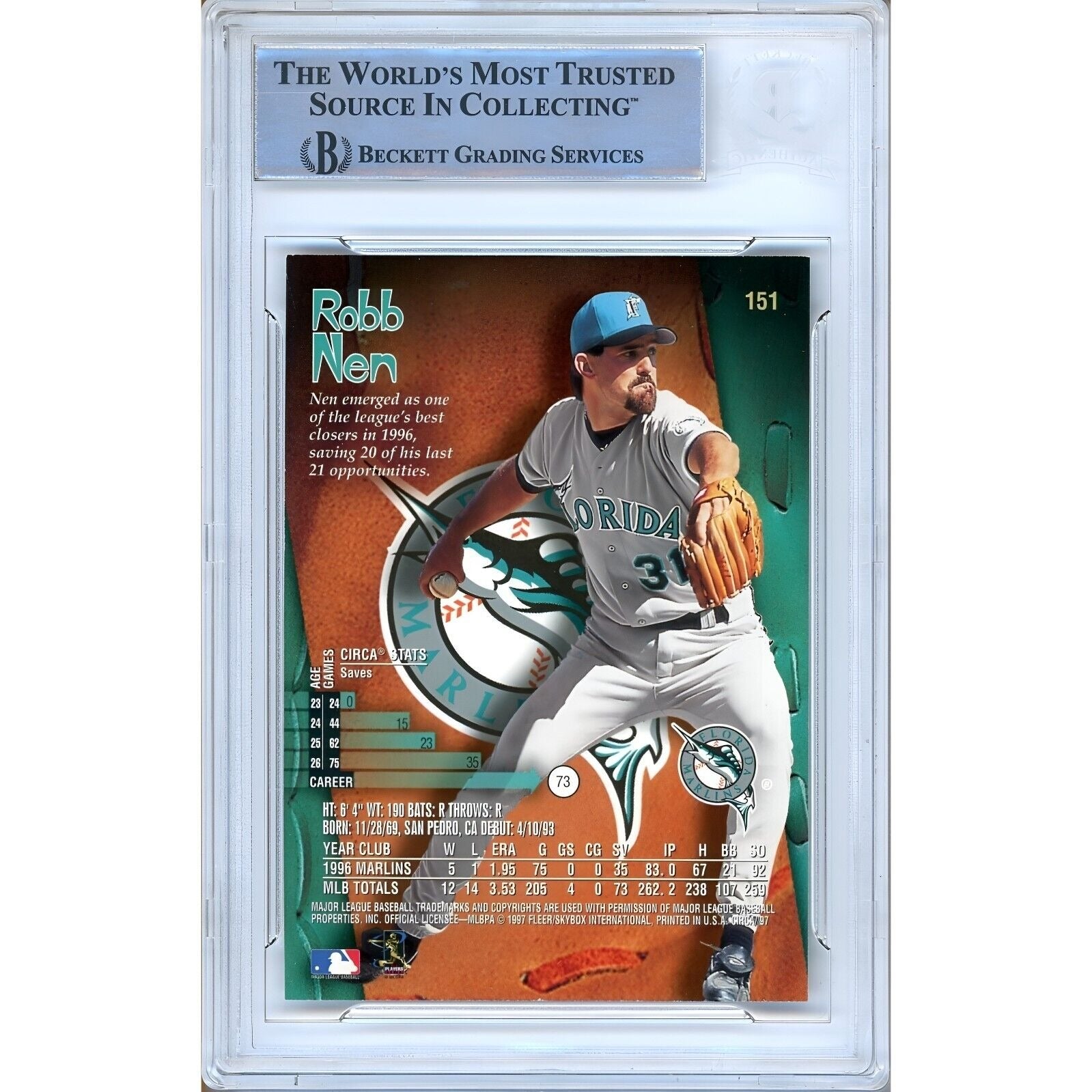 Robb Nen Florida Marlins signed trading card – signature close-up – Beckett COA