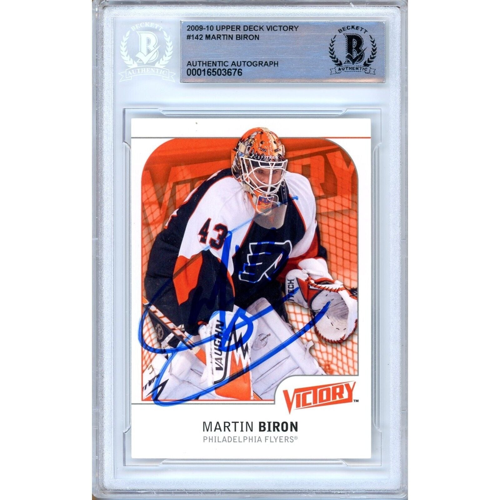 Martin Biron Philadelphia Flyers autographed trading card – full view – Beckett COA