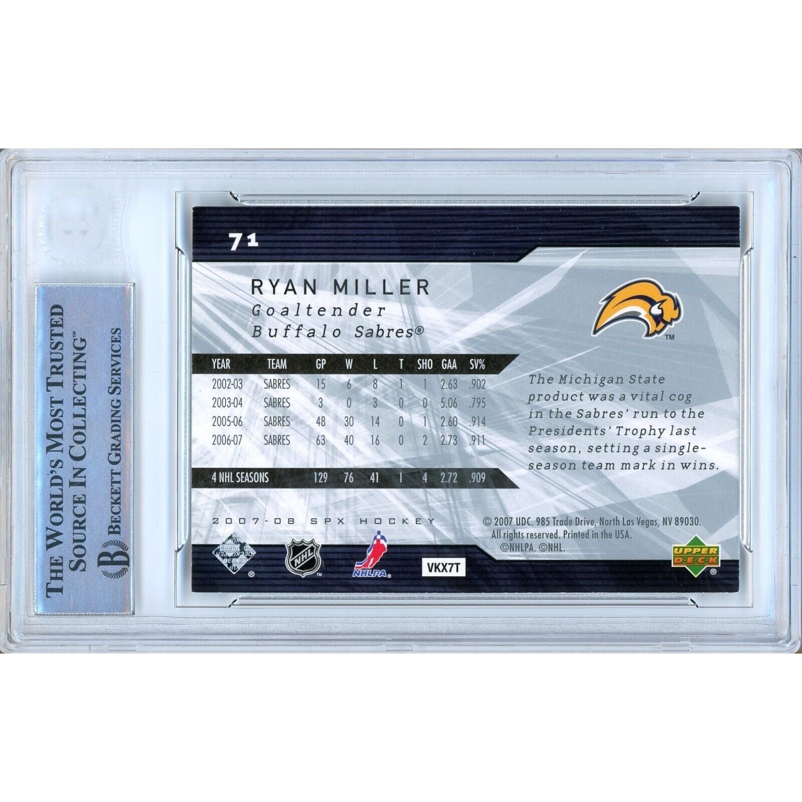 Ryan Miller Buffalo Sabres auto trading card – authentication sticker – Beckett COA