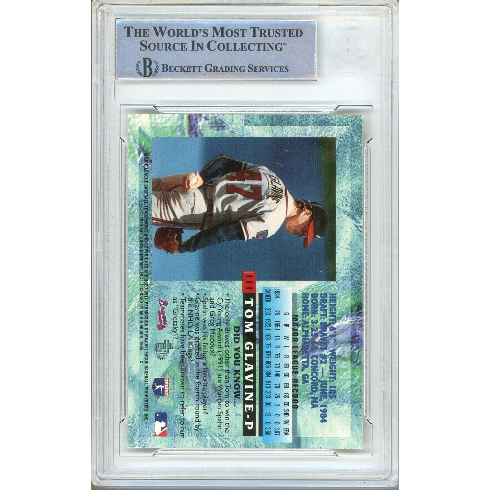 Tom Glavine Atlanta Braves auto trading card – authentication sticker – Beckett COA