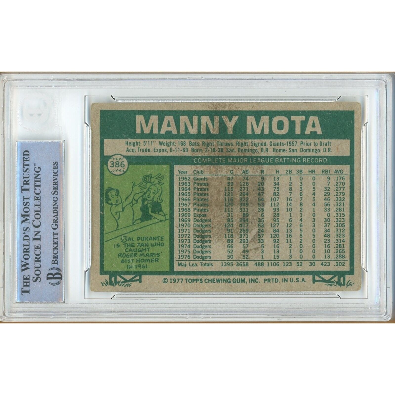 Manny Mota Los Angeles Dodgers signed trading card – signature close-up – Beckett COA