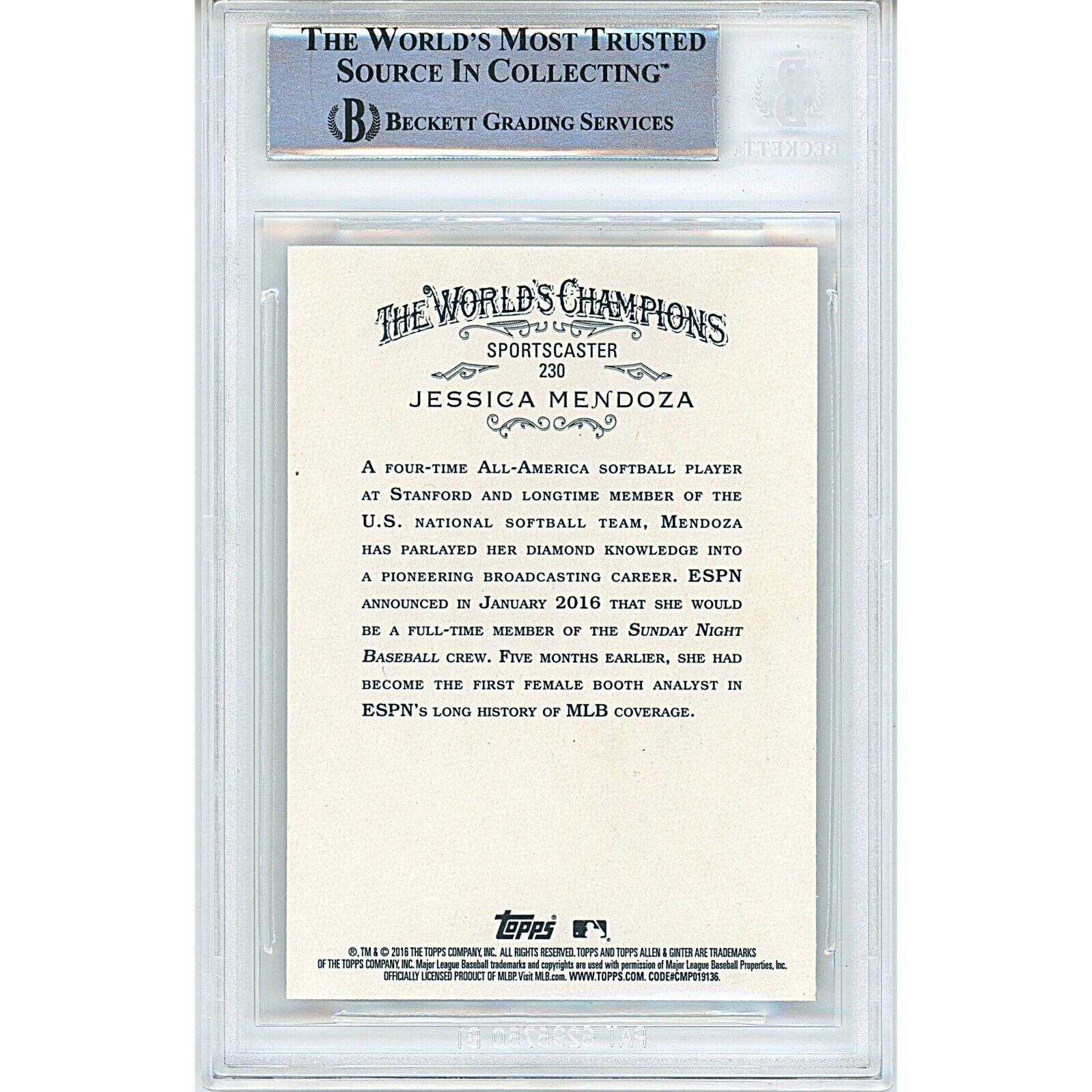 2016 Allen and Ginter Jessica Mendoza Team USA Signed Trading Card – Beckett BAS