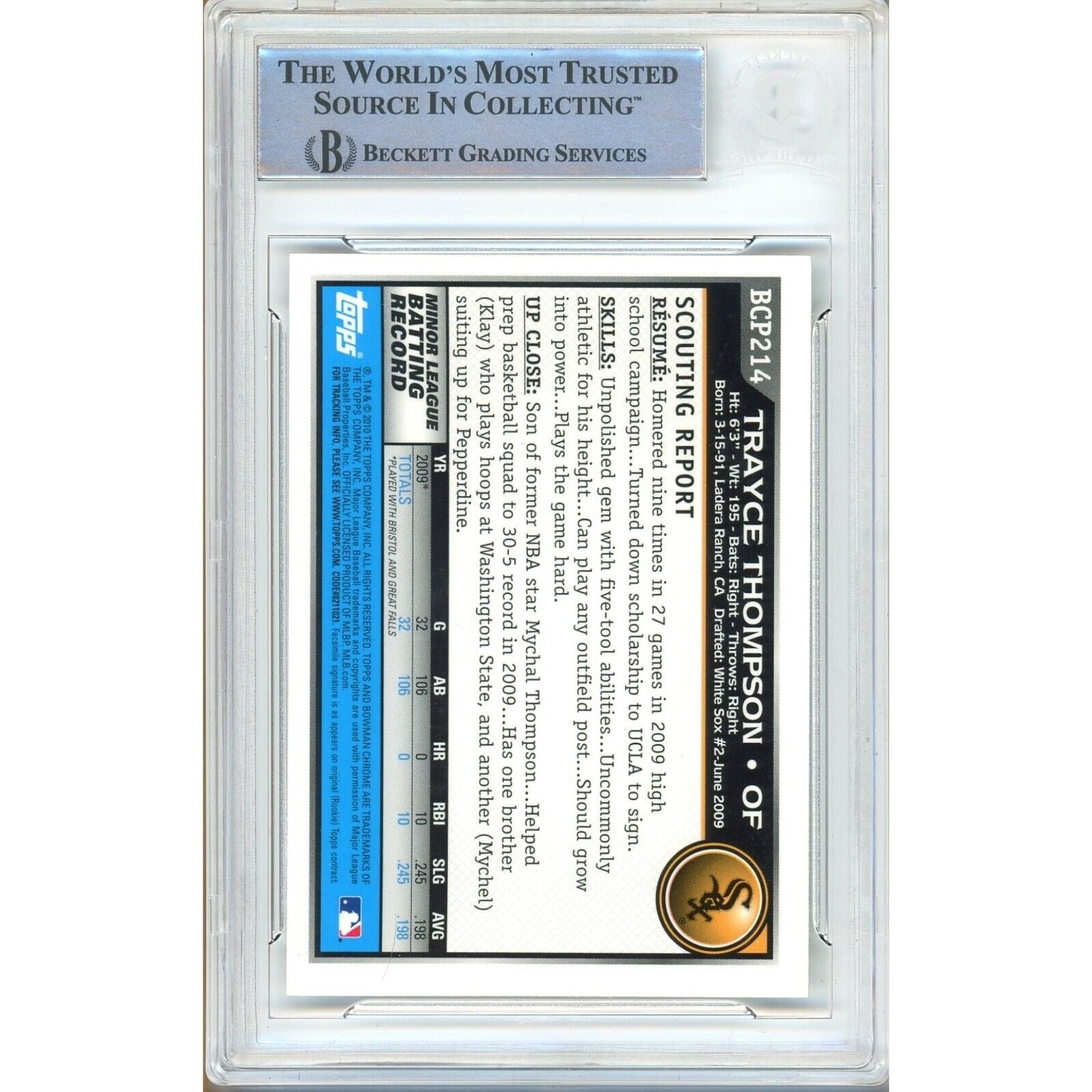 Trayce Thompson White Sox auto trading card – authentication sticker – Beckett COA