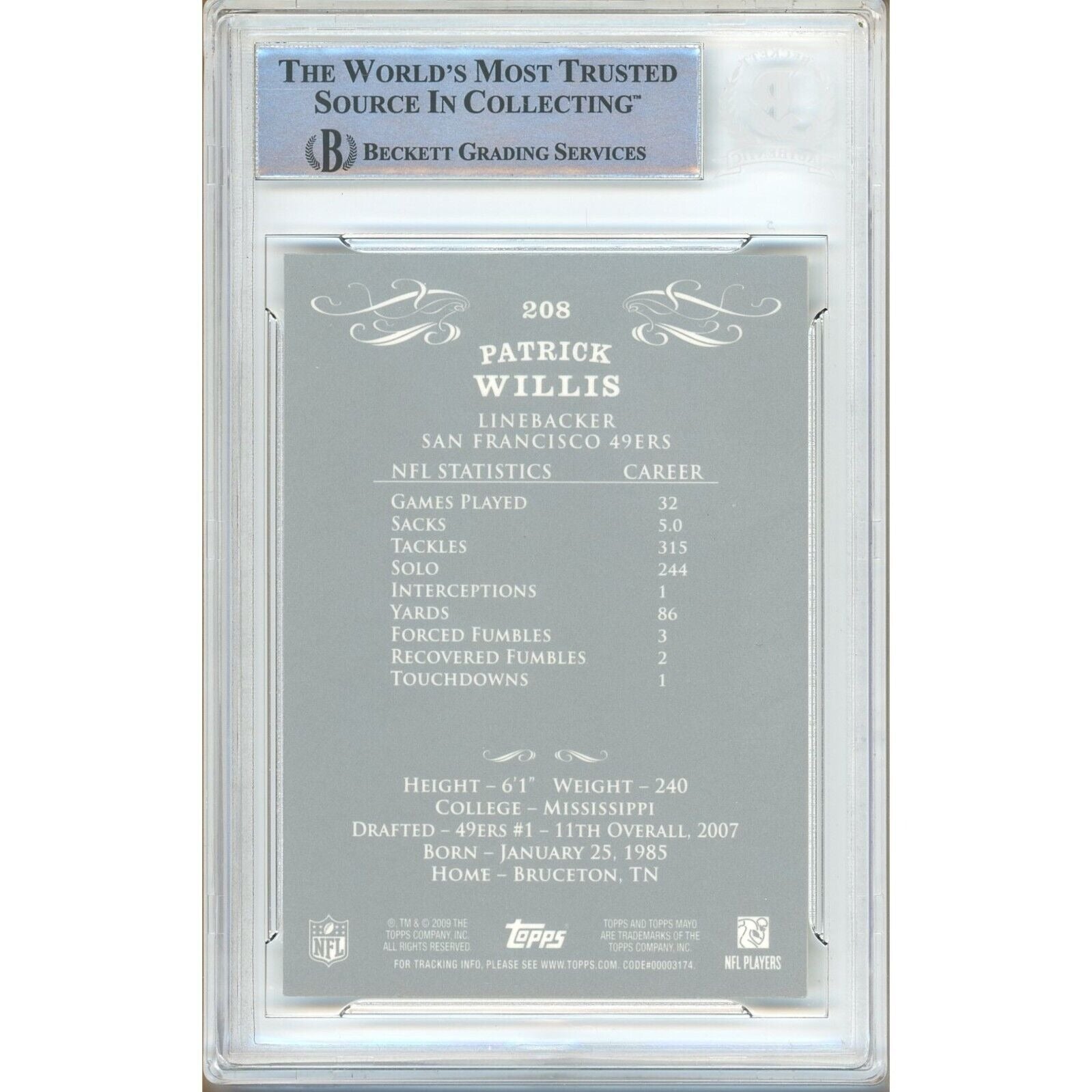 Patrick Willis San Francisco 49Ers signed trading card – signature close-up – Beckett COA