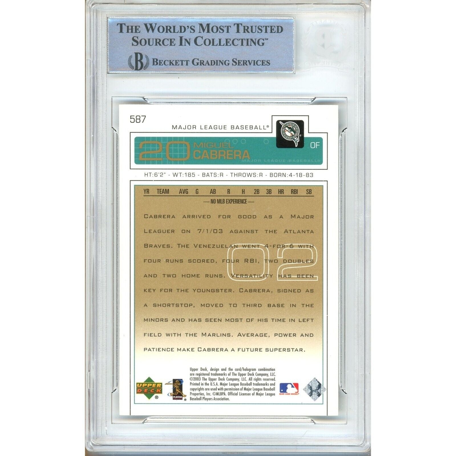 Miguel Cabrera Miami Marlins signed trading card – signature close-up – Beckett COA