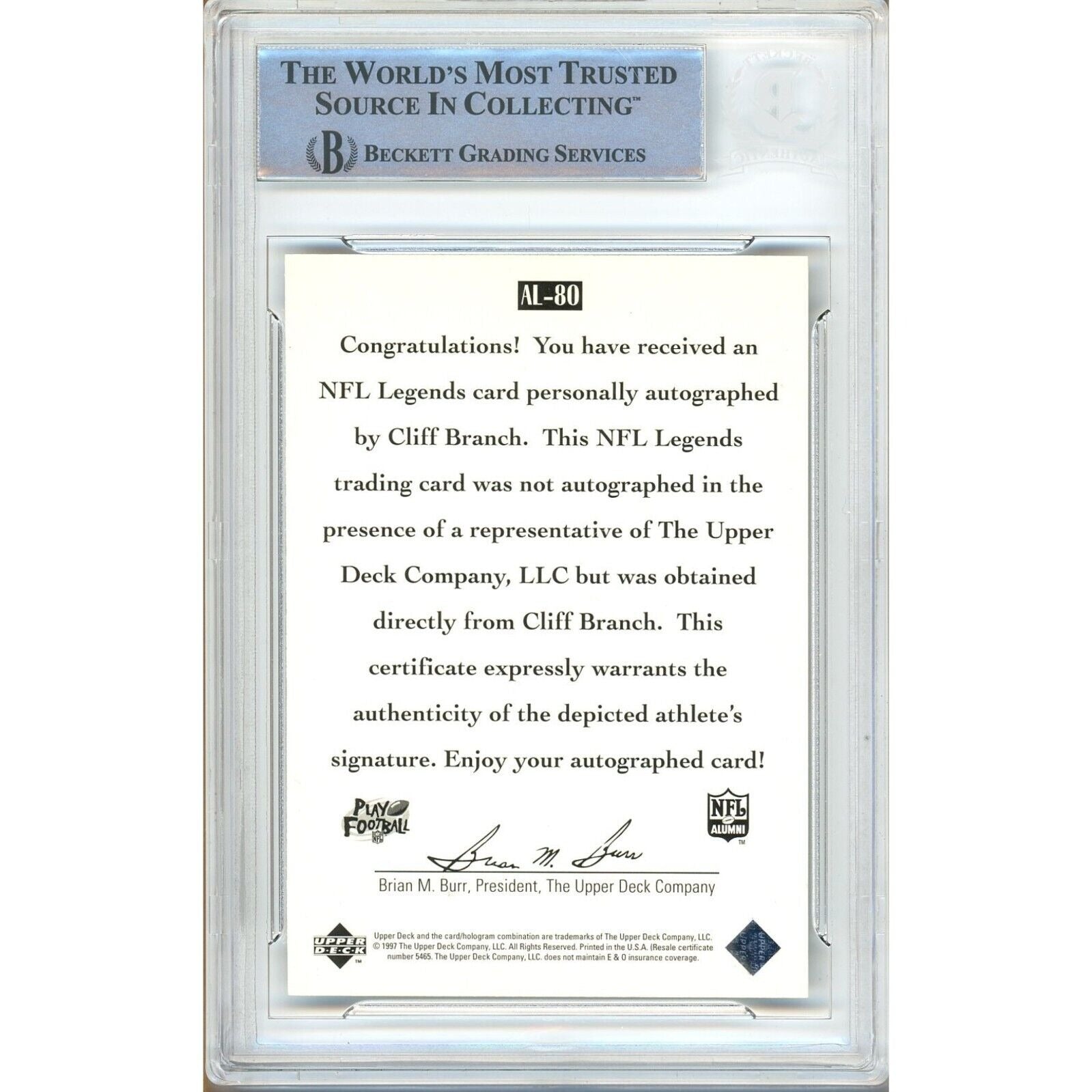 1997 Upper Deck Cliff Branch Las Vegas Raiders Signed Trading Card – Beckett BAS