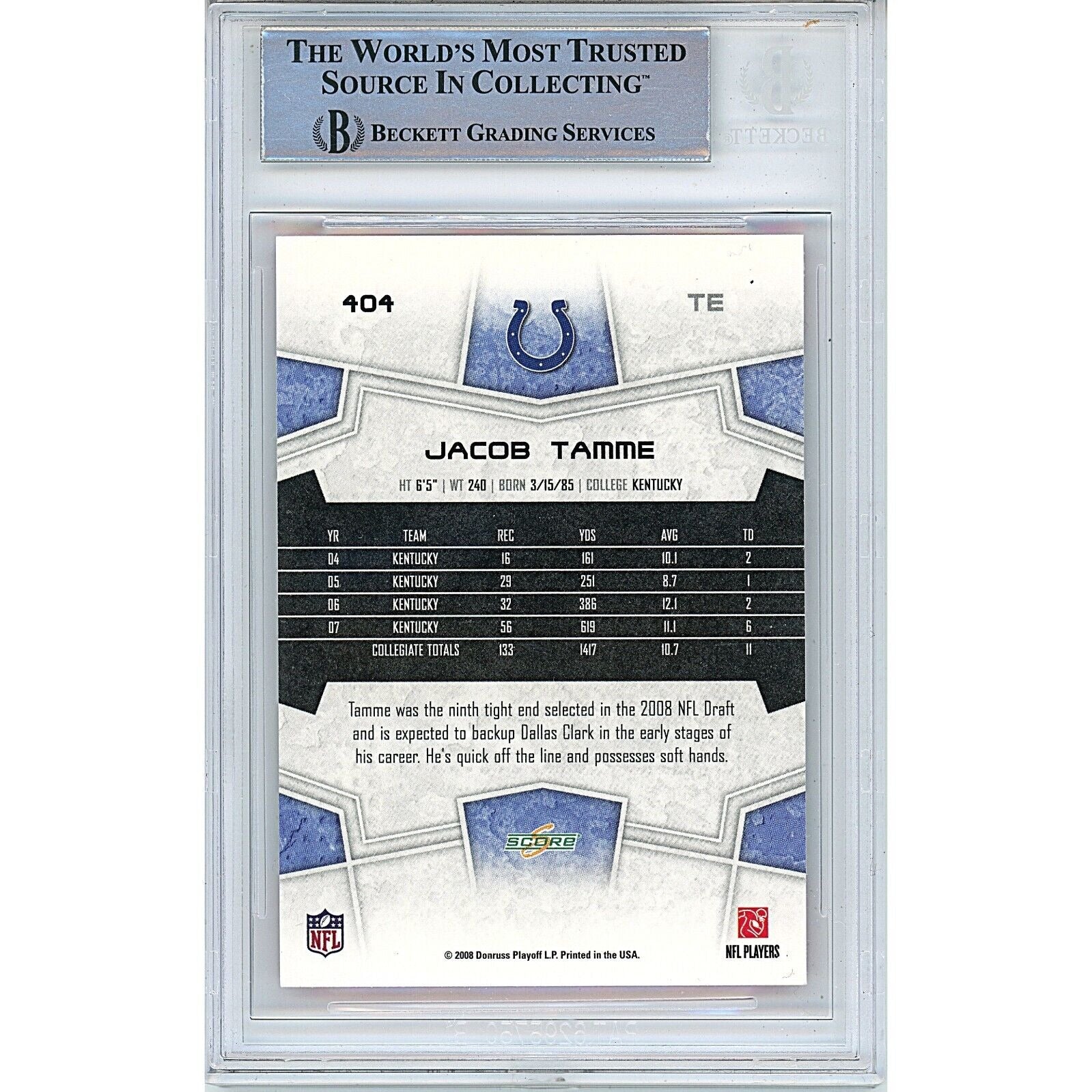 Jacob Tamme Colts signed trading card – signature close-up – Beckett COA