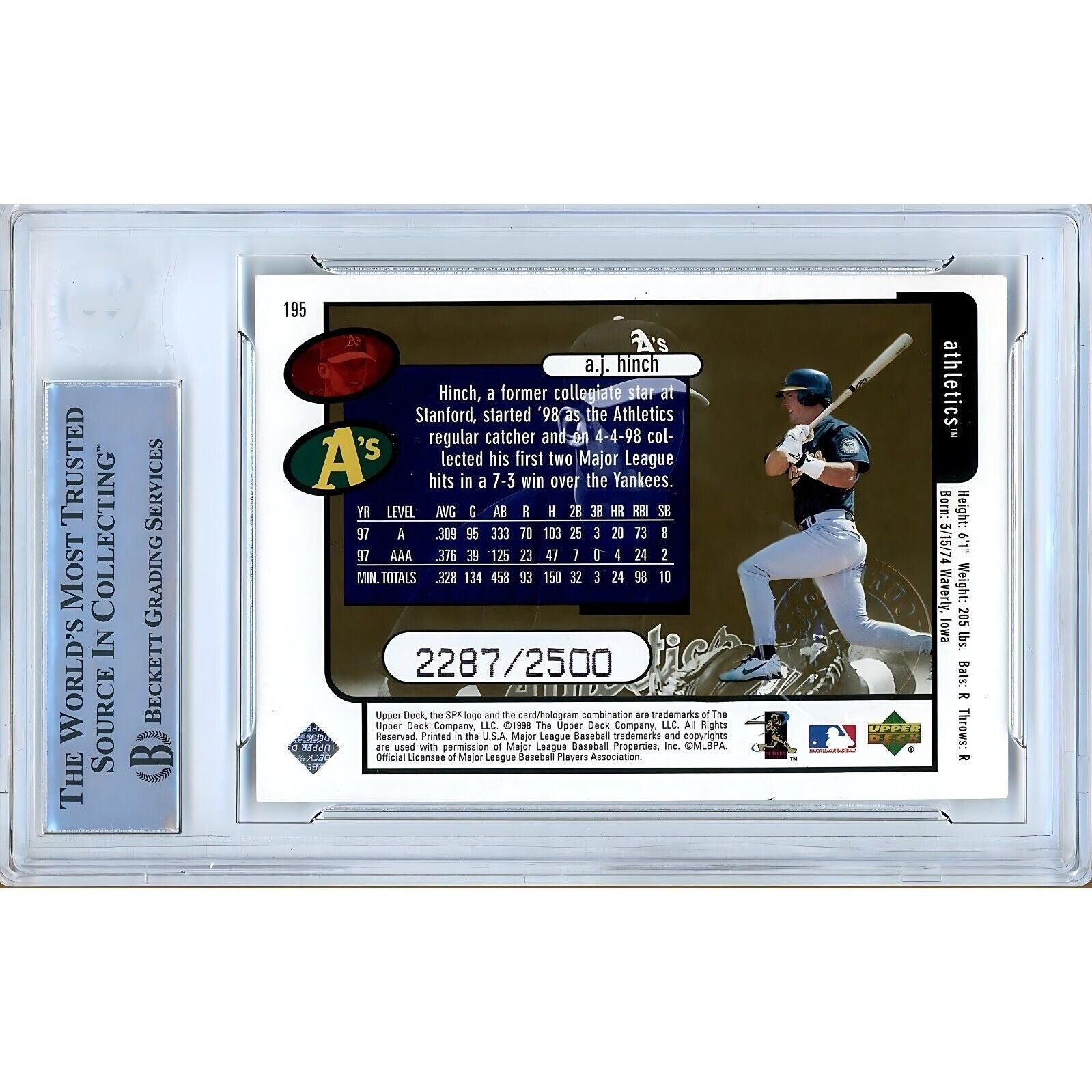 1998 #195 AJ Hinch Oakland Athletics Autograph Trading Card – Beckett BAS