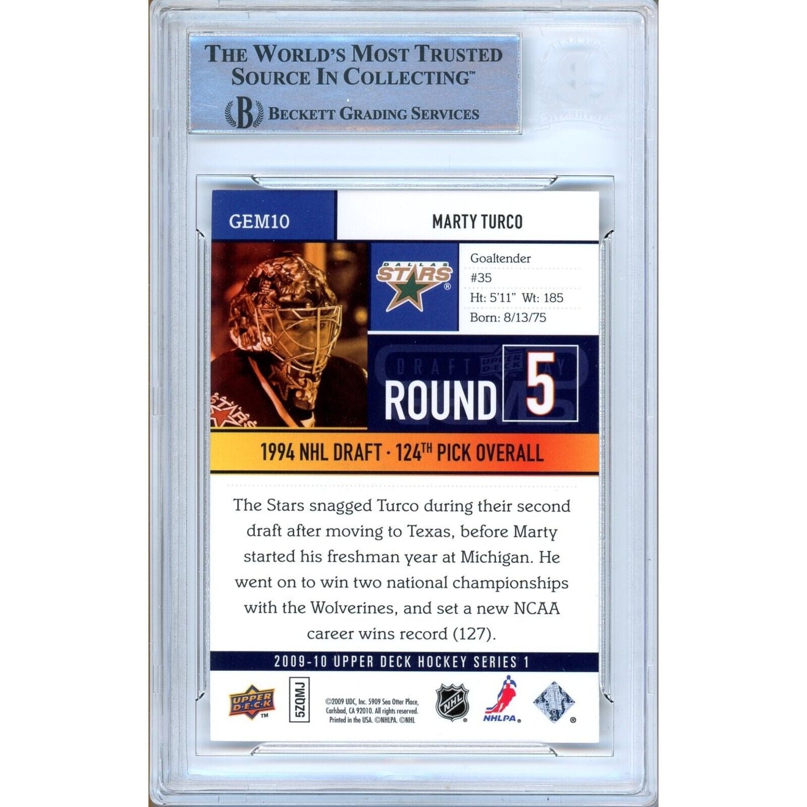 Marty Turco Dallas Stars Signed Trading Card Beckett BAS