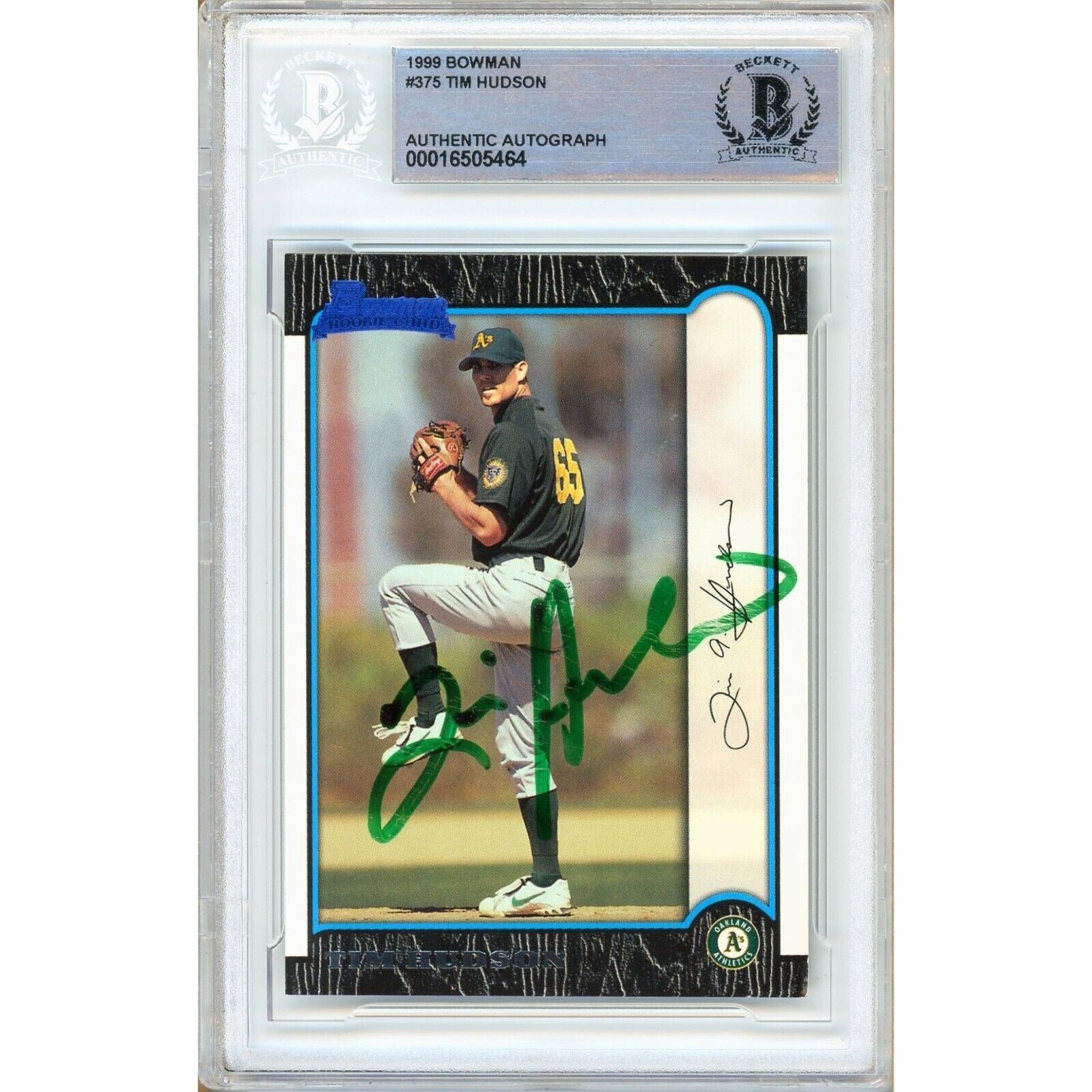 Tim Hudson Oakland Athletics autographed trading card – full view – Beckett COA