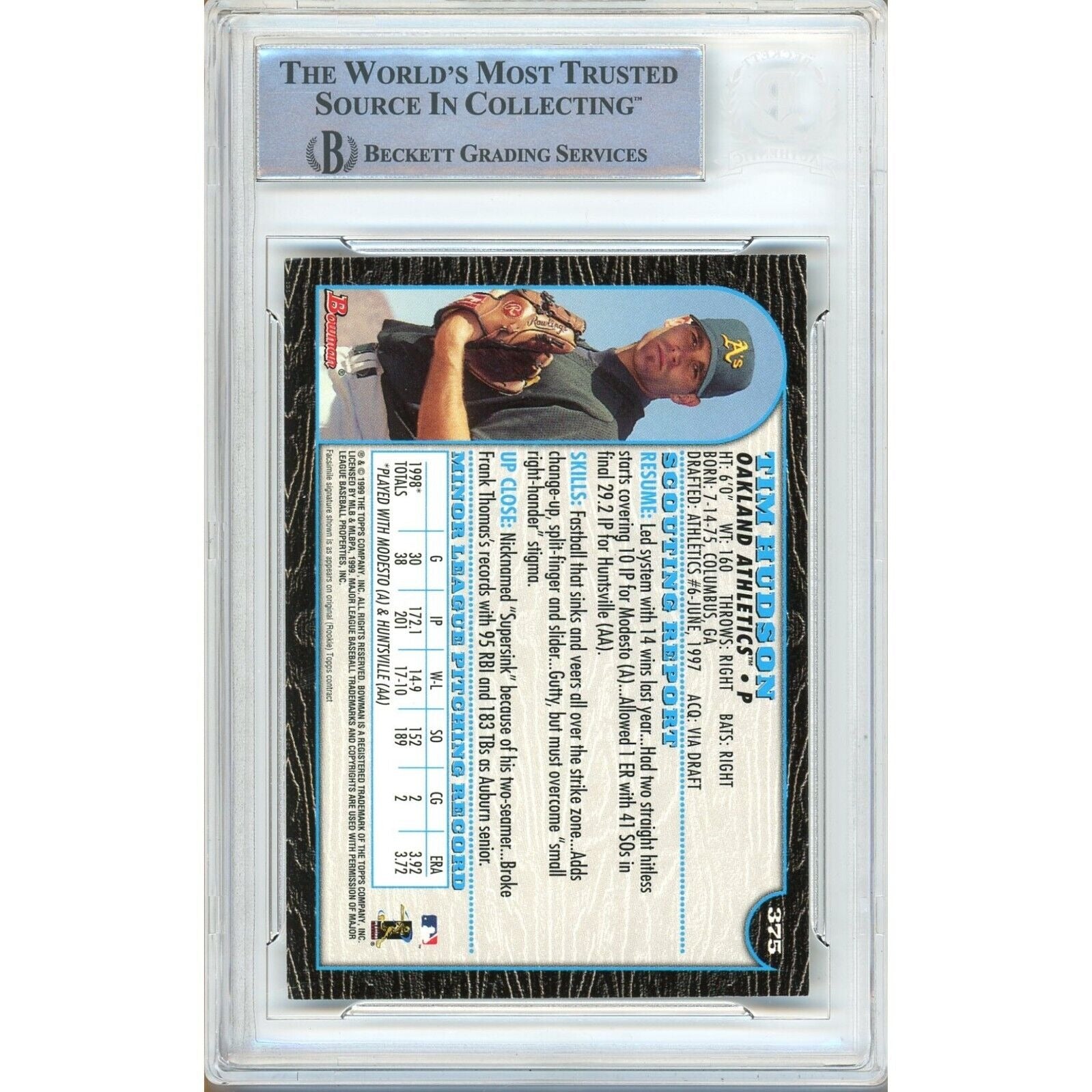 Tim Hudson Oakland Athletics auto trading card – authentication sticker – Beckett COA