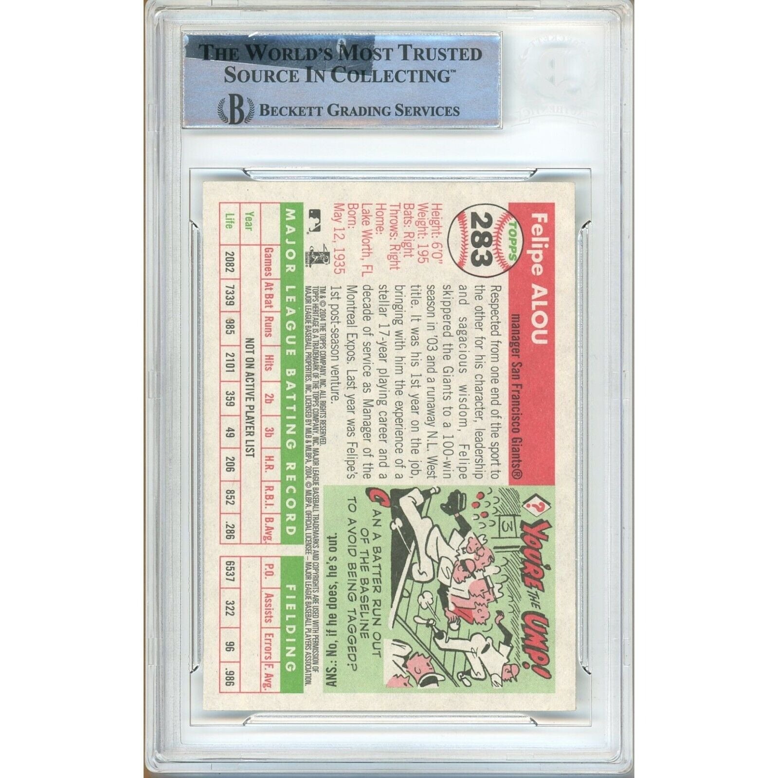 Felipe Alou San Francisco Giants trading card autograph – angled display – Beckett COA