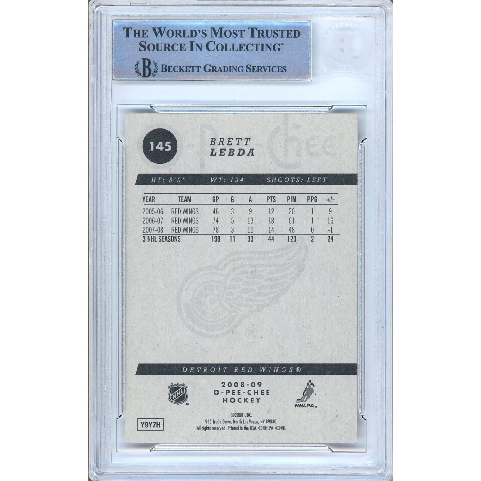 2008 #145 Brett Lebda Detroit Red Wings Signed Trading Card – Beckett BAS