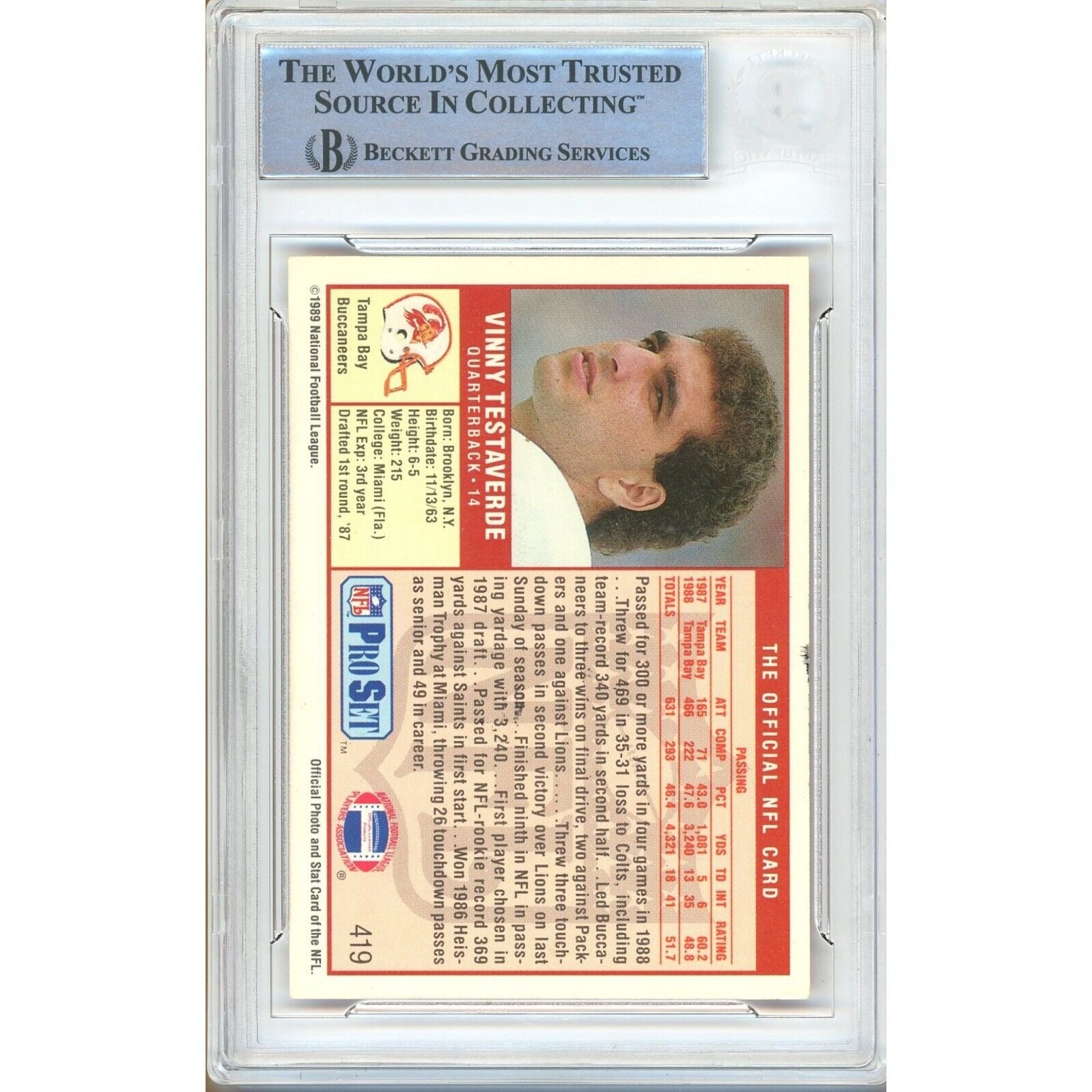 Vinny Testaverde Tampa Bay Buccaneers auto trading card – authentication sticker – Beckett COA