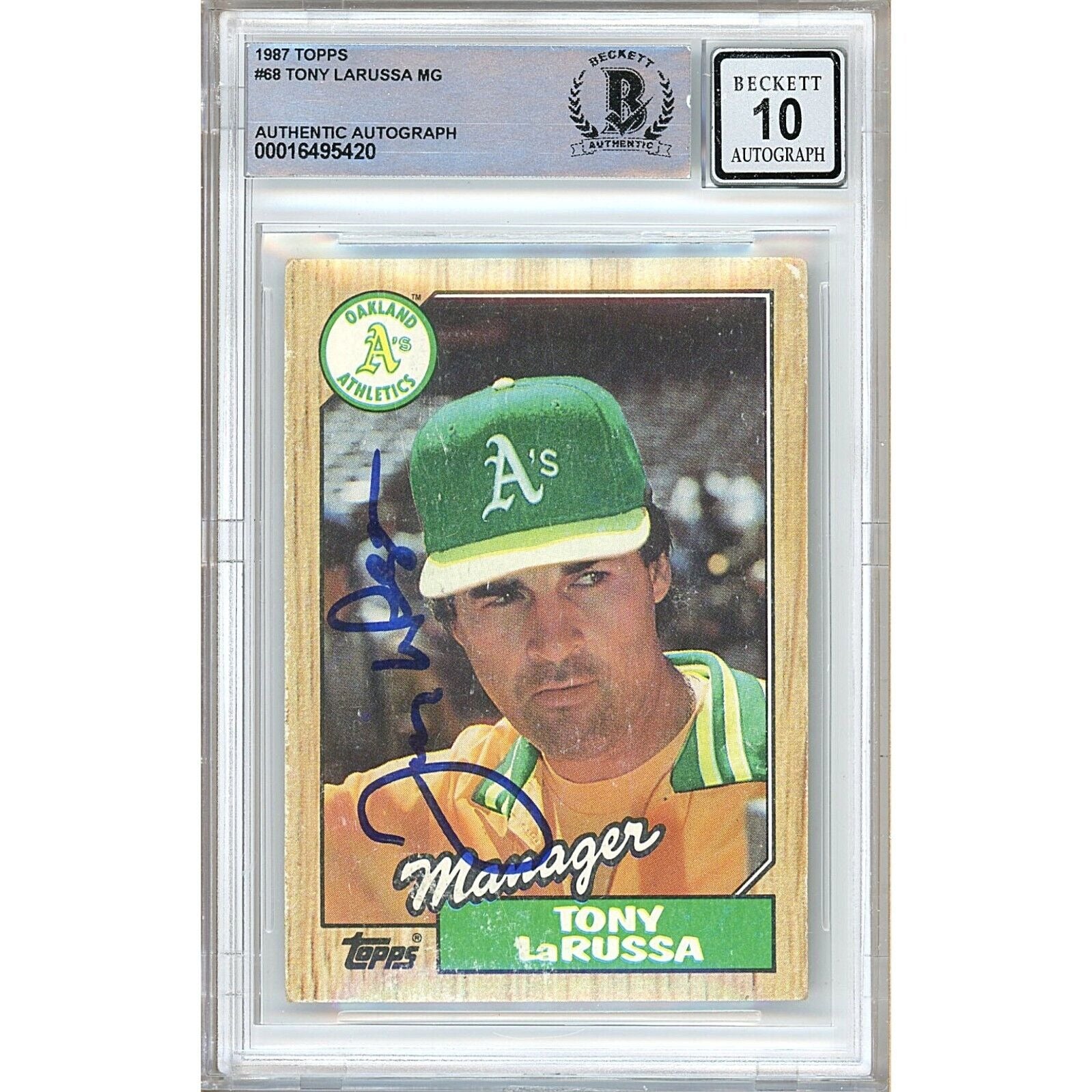 Tony LaRussa Oakland Athletics autographed trading card – full view – Beckett COA