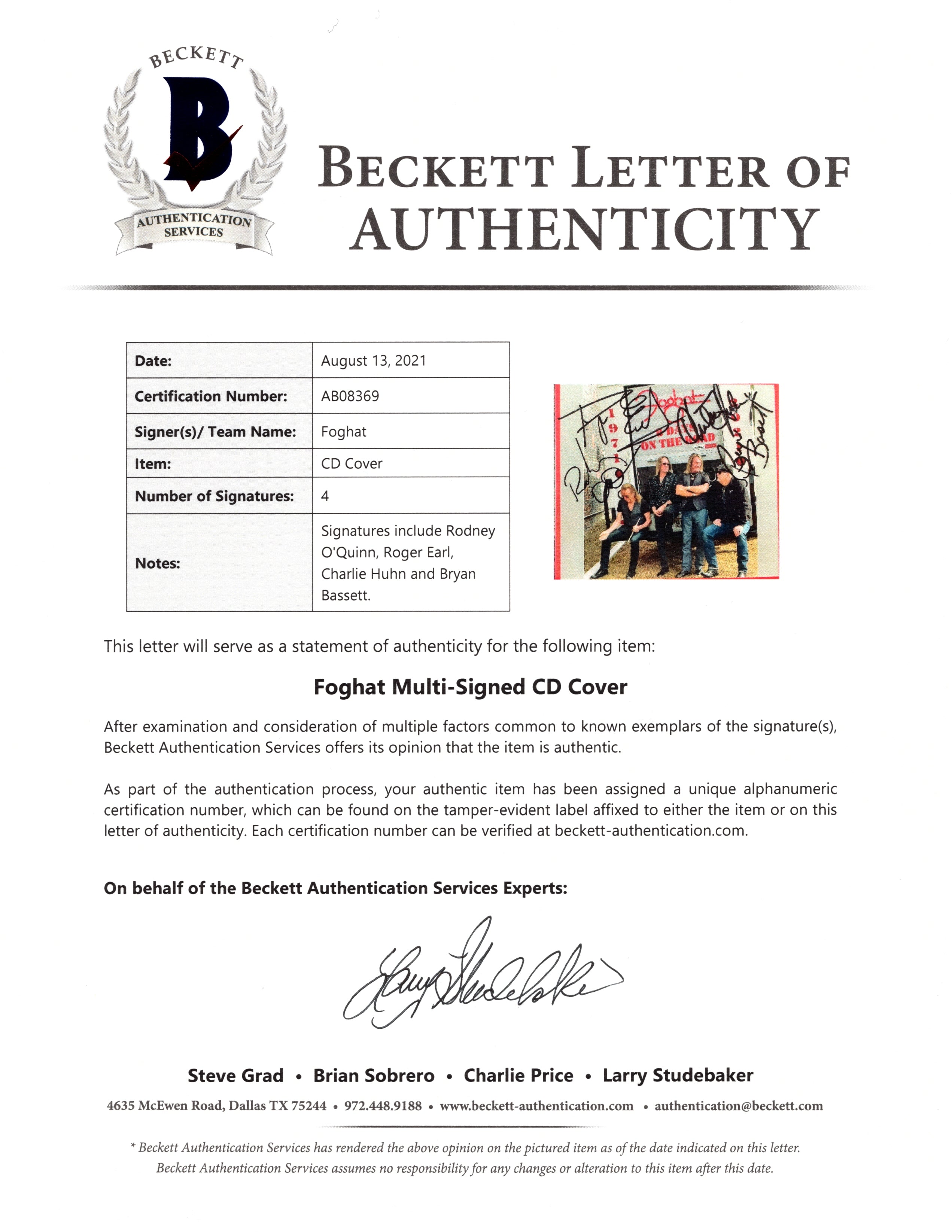 Foghat Band Autographed Signed Photo Beckett BAS