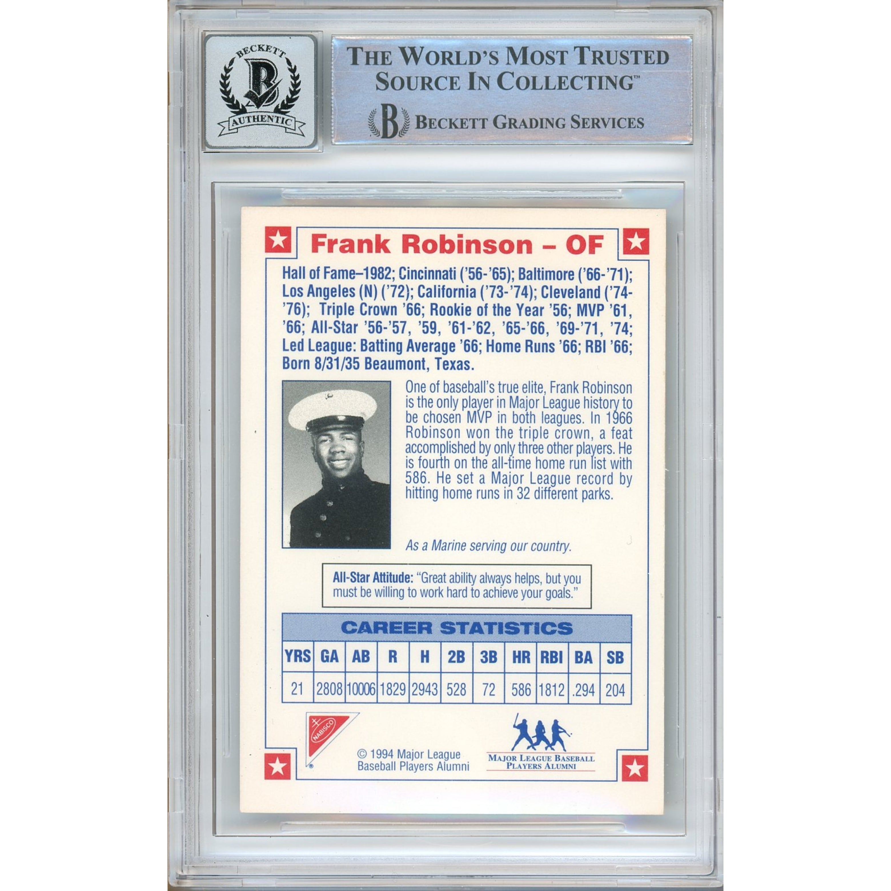 Baseball trading card of Frank Robinson with Beckett Grading Services authentication on a white background