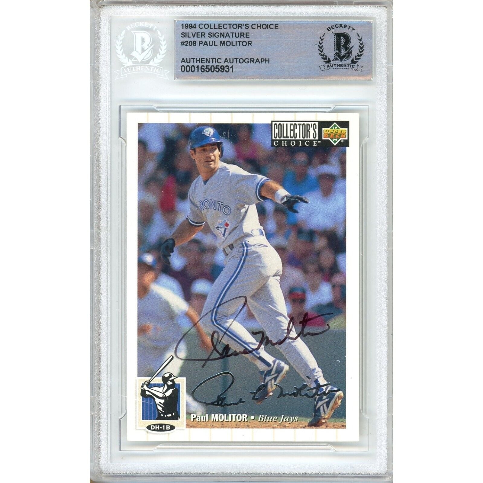 Paul Molitor Toronto Blue Jays autographed trading card – full view – Beckett COA