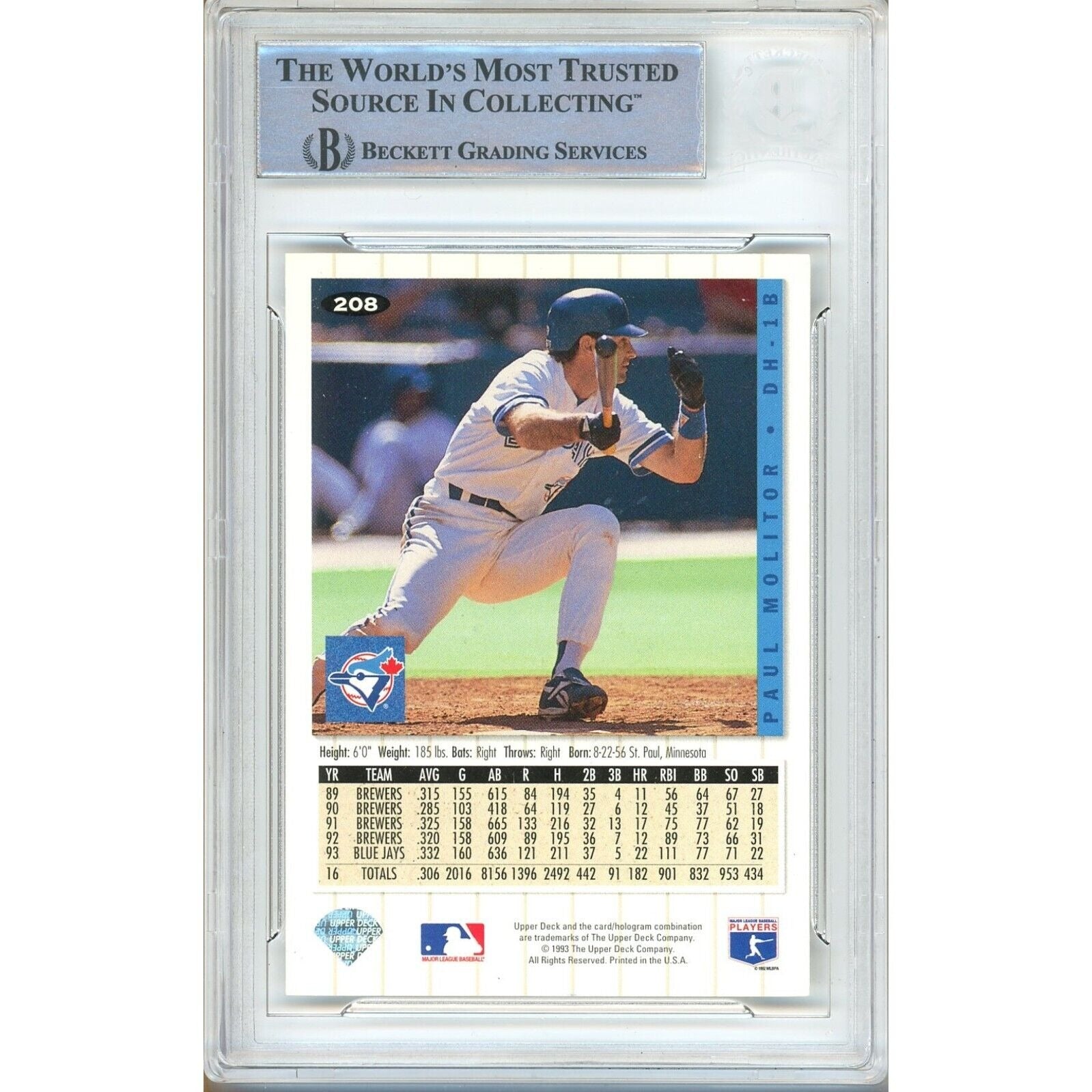 Paul Molitor Toronto Blue Jays signed trading card – signature close-up – Beckett COA