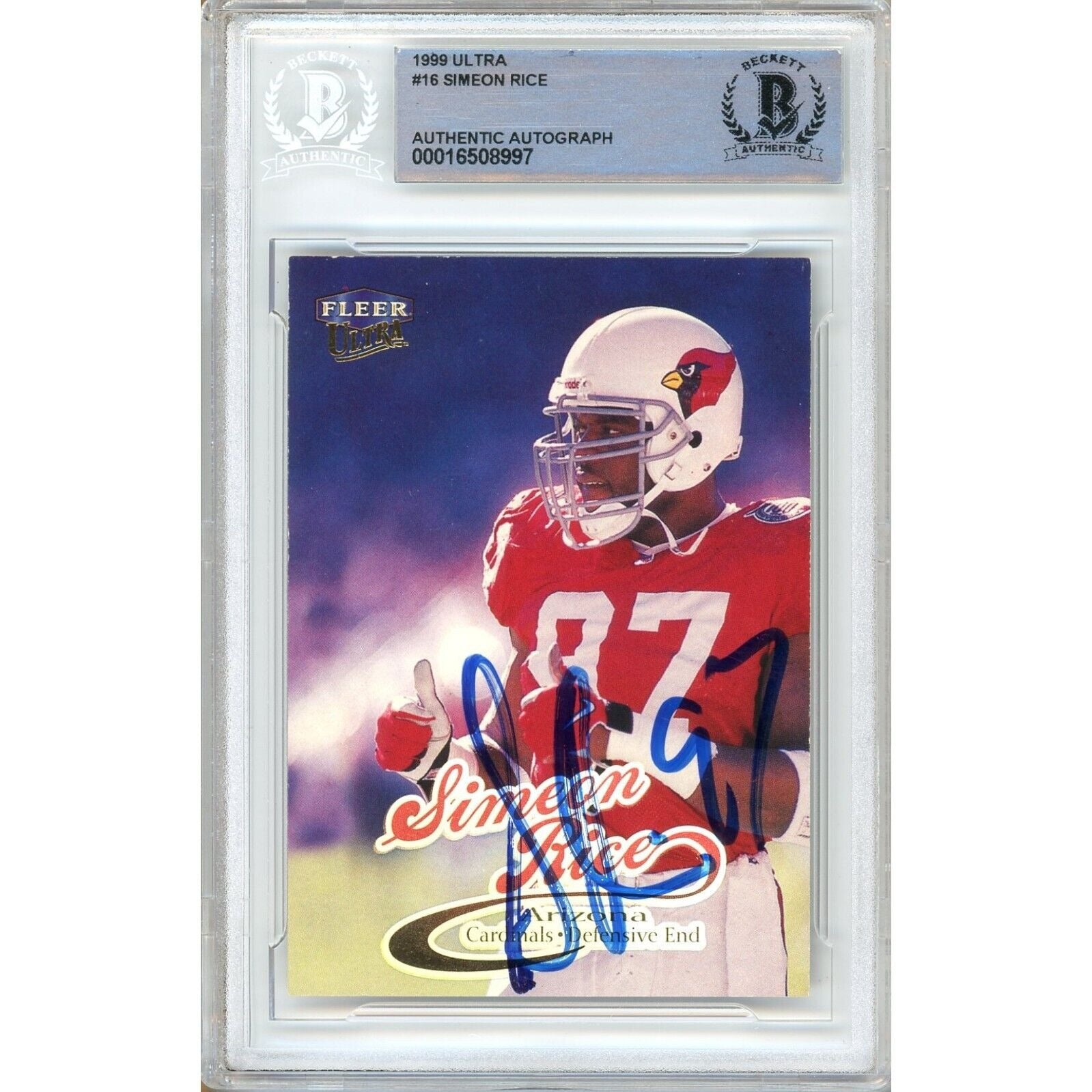 Simeon Rice Arizona Cardinals autographed trading card – full view – Beckett COA