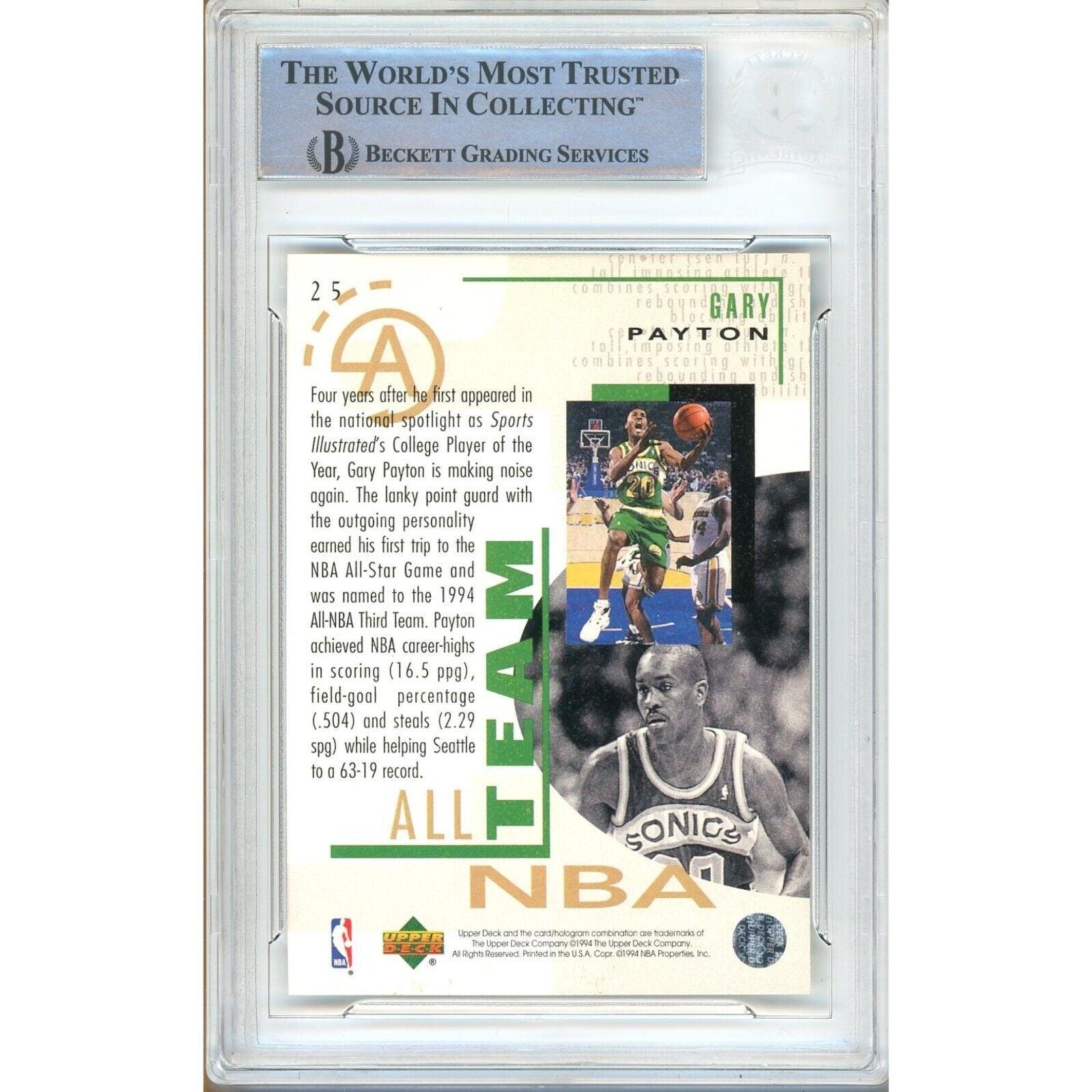 Gary Payton Seattle Supersonics signed trading card – signature close-up – Beckett COA