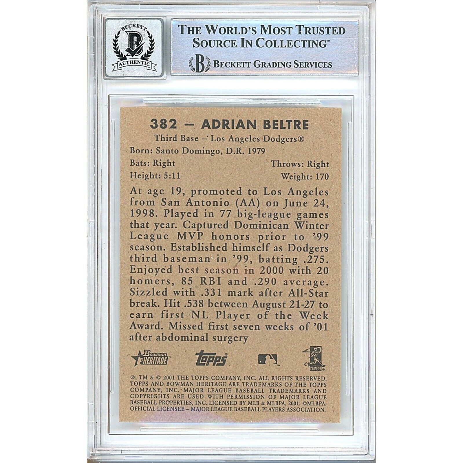 2001 Bowman #382 Adrian Beltre Dodgers Signed Trading Card – Beckett BAS