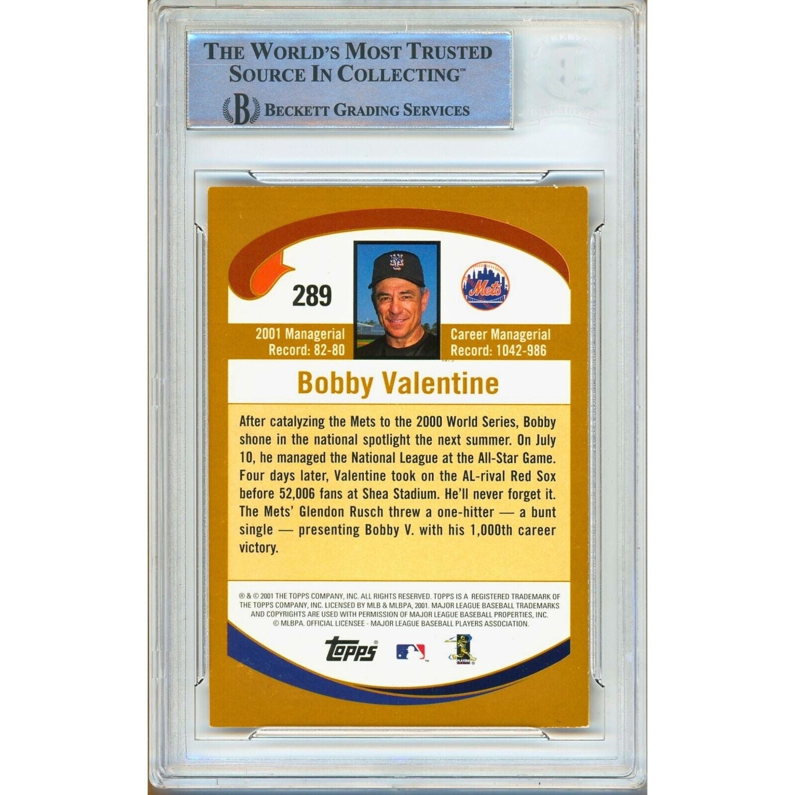 2002 Topps #289 Bobby Valentine New York Mets Signed Trading Card – Beckett BAS