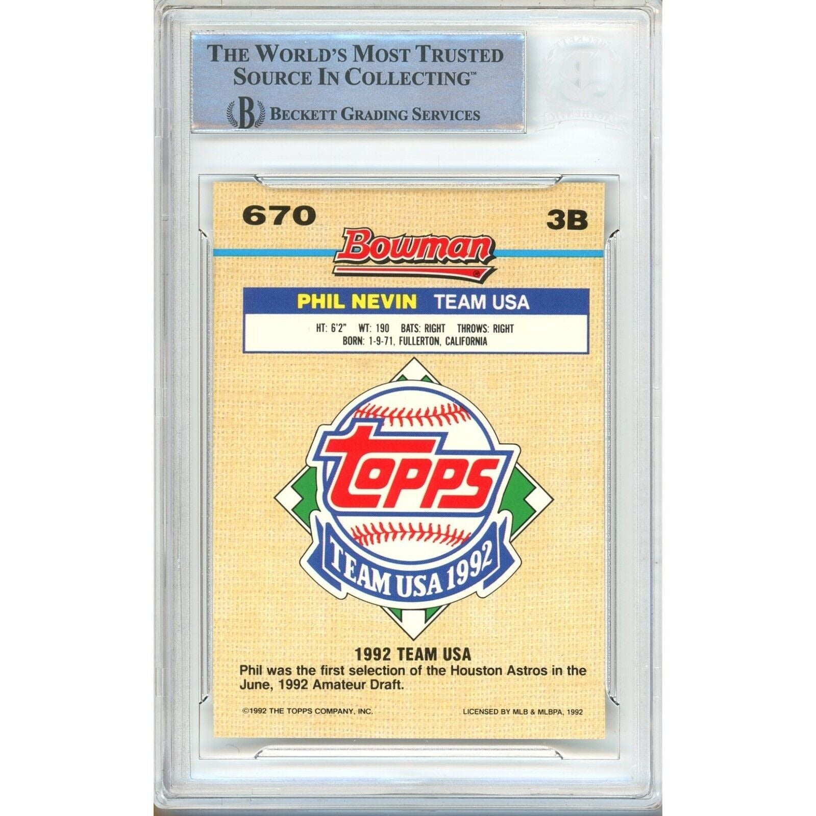 Phil Nevin Team Usa signed trading card – signature close-up – Beckett COA