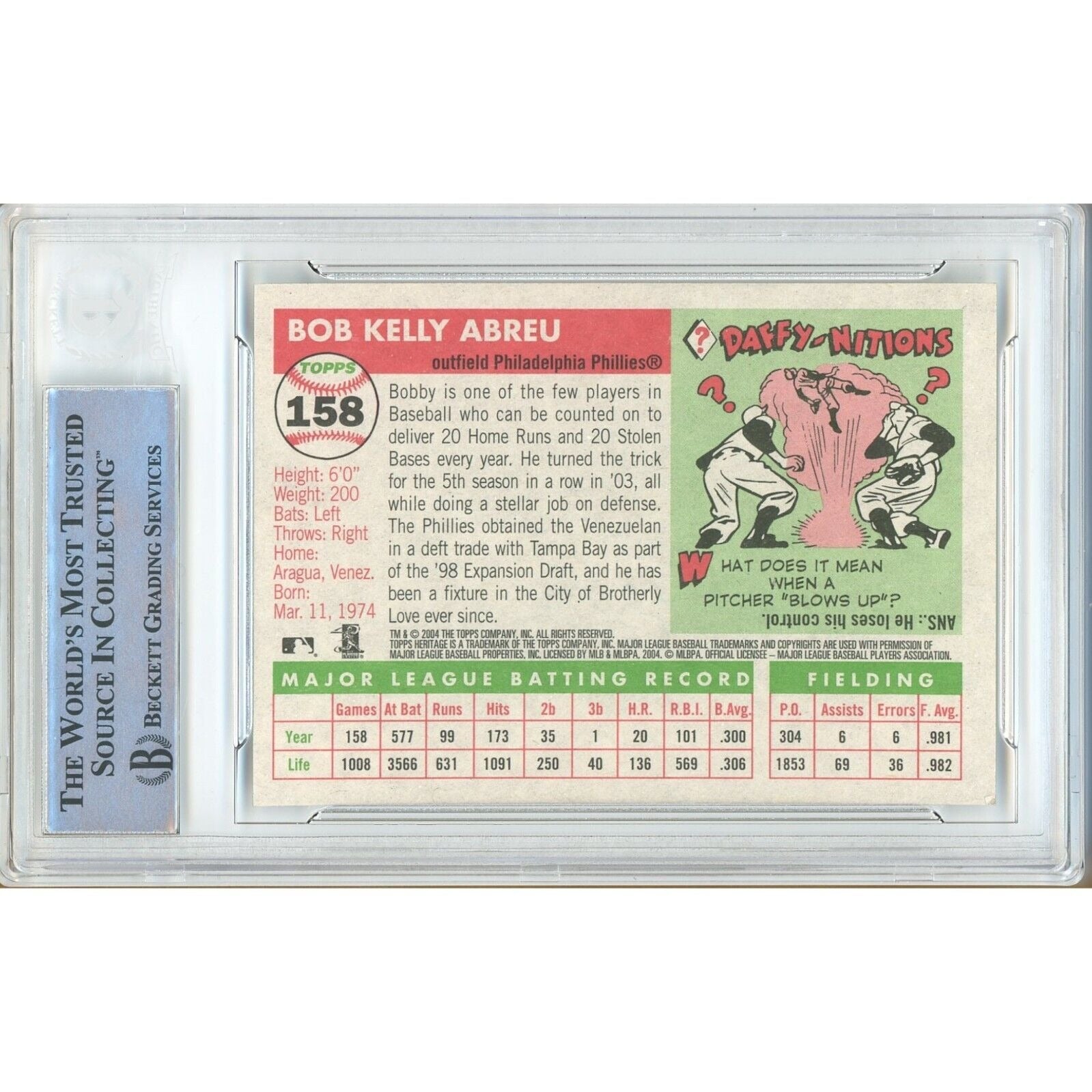 2004 Topps #158 Bobby Abreu Phillies Autograph Trading Card – Beckett BAS